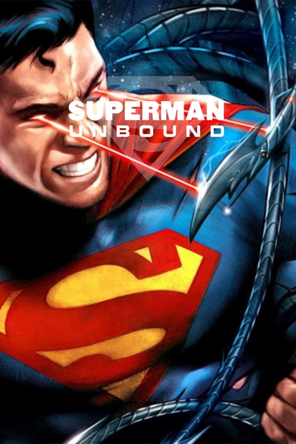 Superman Unbound 桌布 壁紙 — 超人咬緊牙關，紅色激光從他的眼睛射向一條威脅性的金屬蛇。