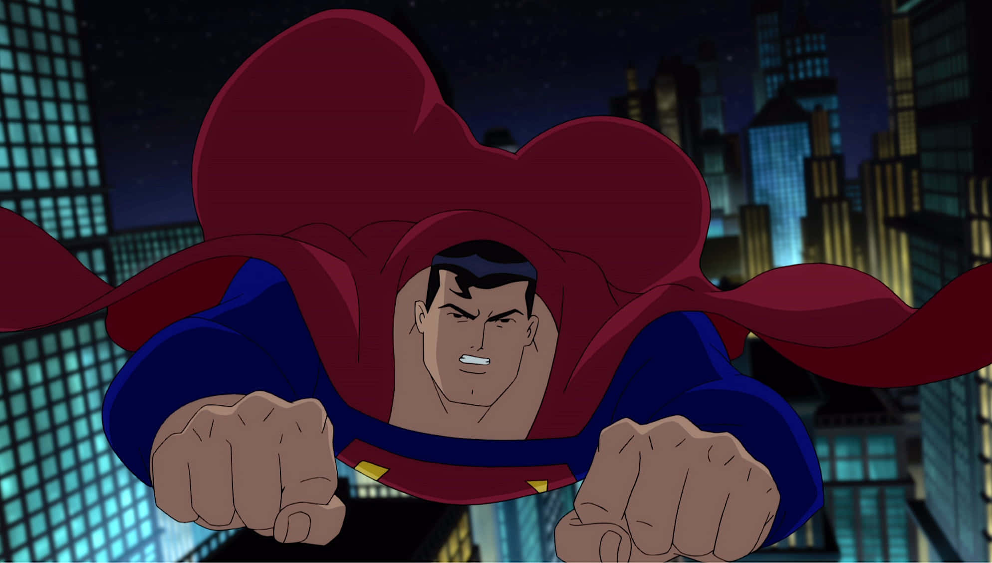 Superman The Animated Series 桌布 壁紙 — 超人喺夜晚飛過霓虹燈照亮嘅城市景觀，披風飄揚，拳頭緊握，充滿決心。