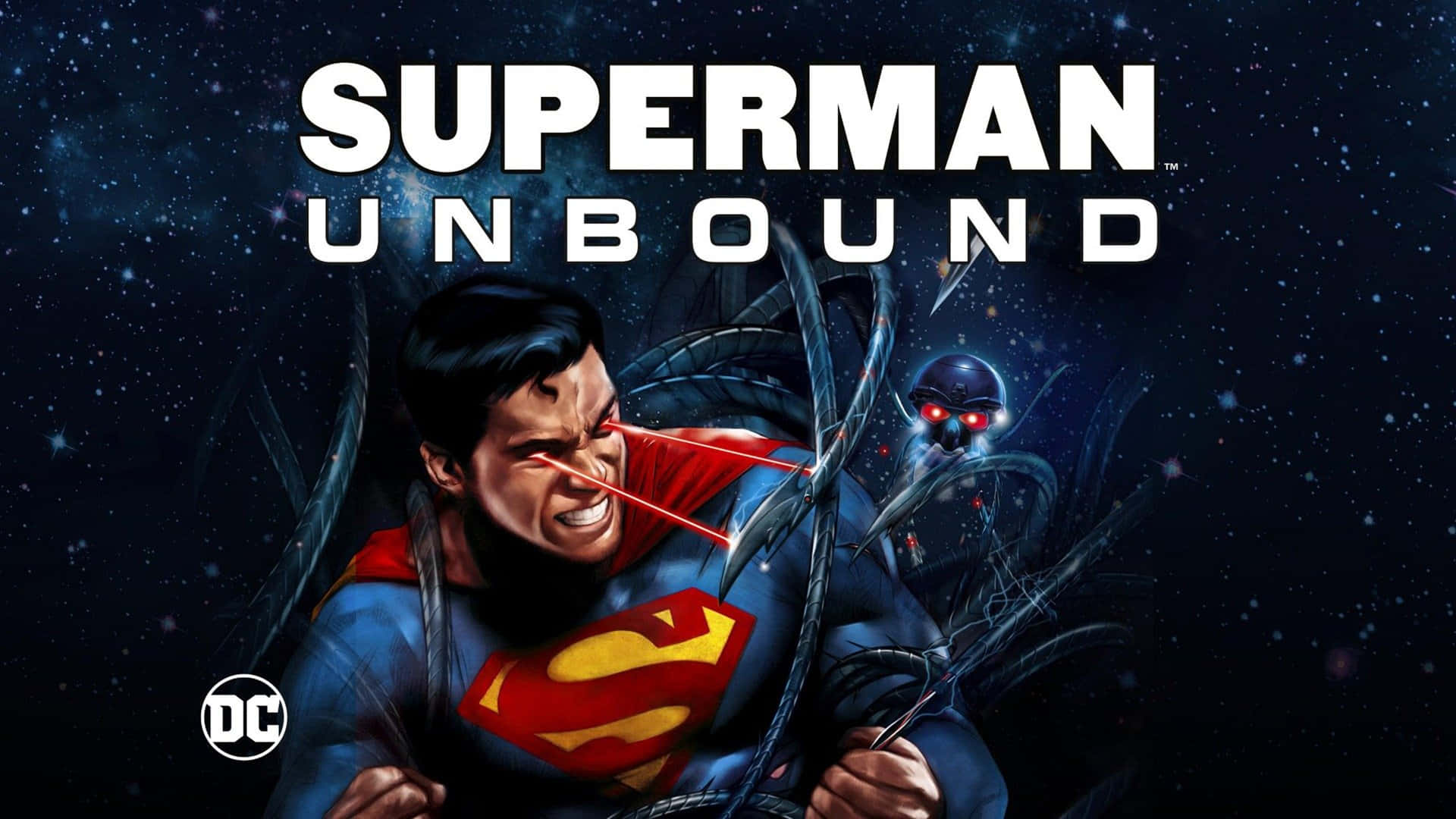 Superman Unbound 桌布 壁紙 — 超人喺星光閃爍嘅宇宙背景下，同一個有發光紅眼嘅威脅外星人戰鬥。