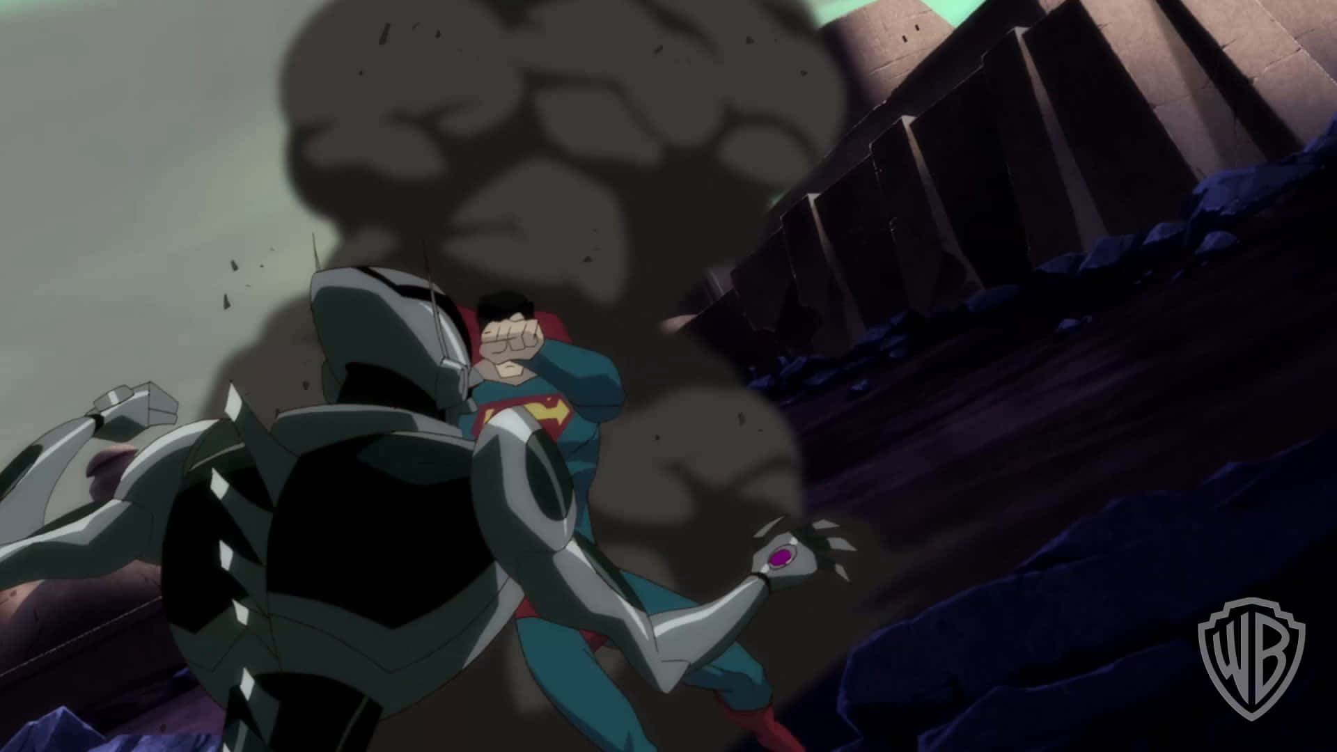 Superman Unbound 桌布 壁紙 — 超人喺暴風雨嘅天空下，喺崩塌嘅石頭廢墟中同一個機械人敵人戰鬥。