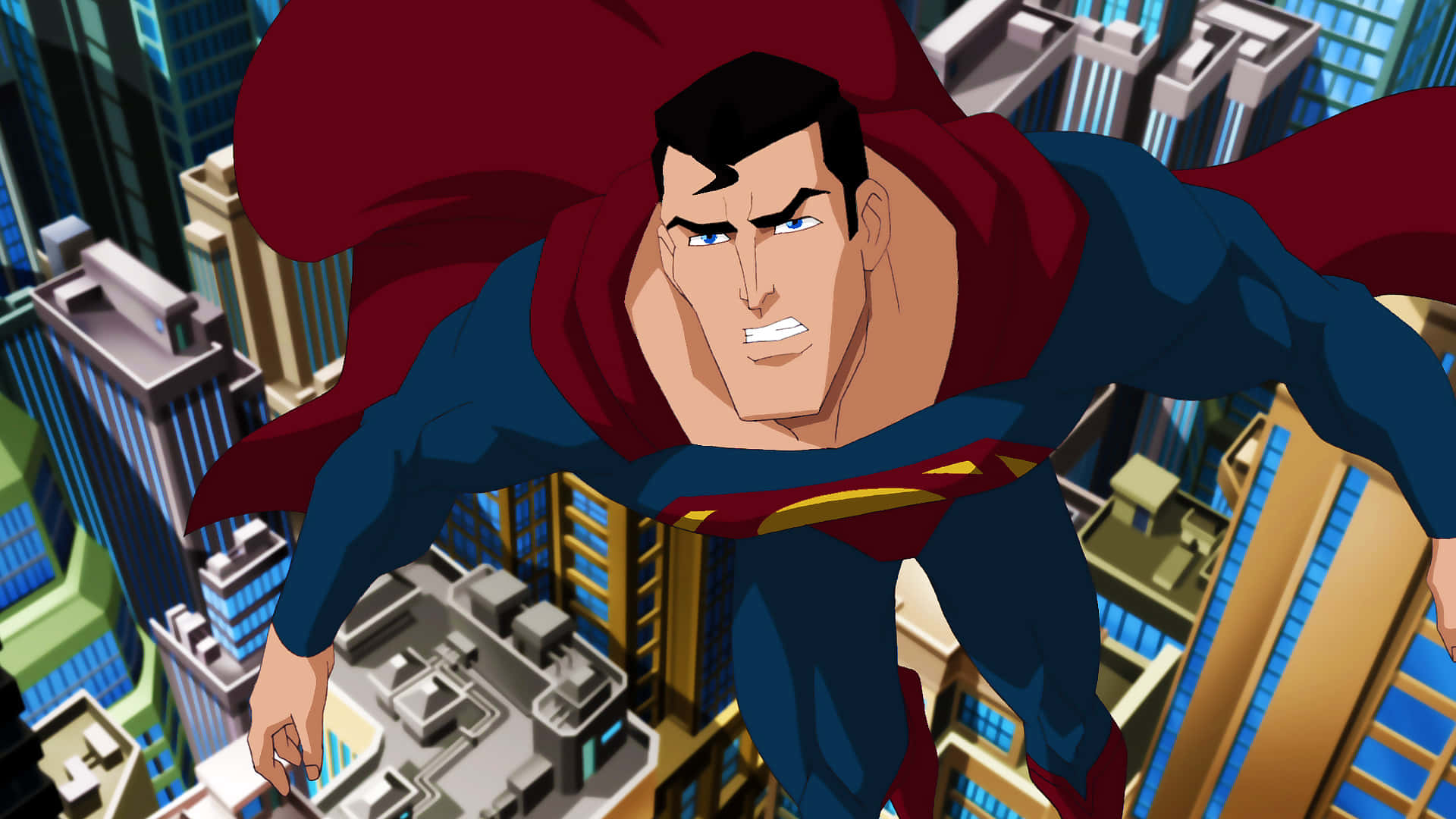 Superman Unbound 桌布 壁紙 — 超人帶著堅定的表情和飄揚的紅色斗篷翱翔在城市天際之上。