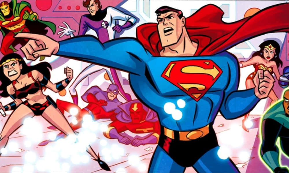Justice League Unlimited 桌布 壁紙 — 超人帶領一個充滿活力的超級英雄團隊，在生動的漫畫風格戰鬥場景中。
