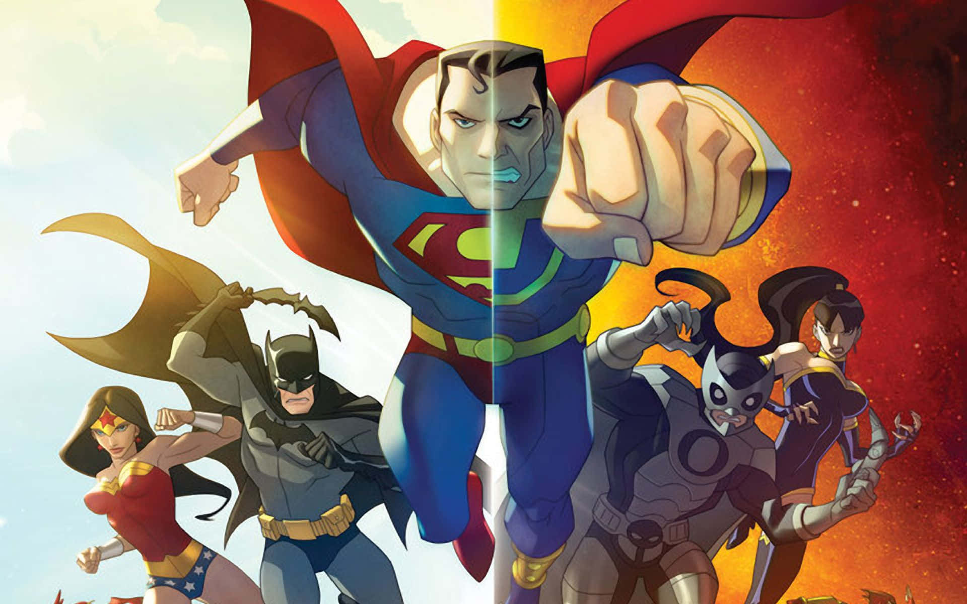 Cartoon Heroes 桌布 壁紙 — 超人帶領一支超級英雄團隊，被一道熾熱的分界線一分為二，一半在明亮的日光中，一半在宇宙紅色的混亂中。