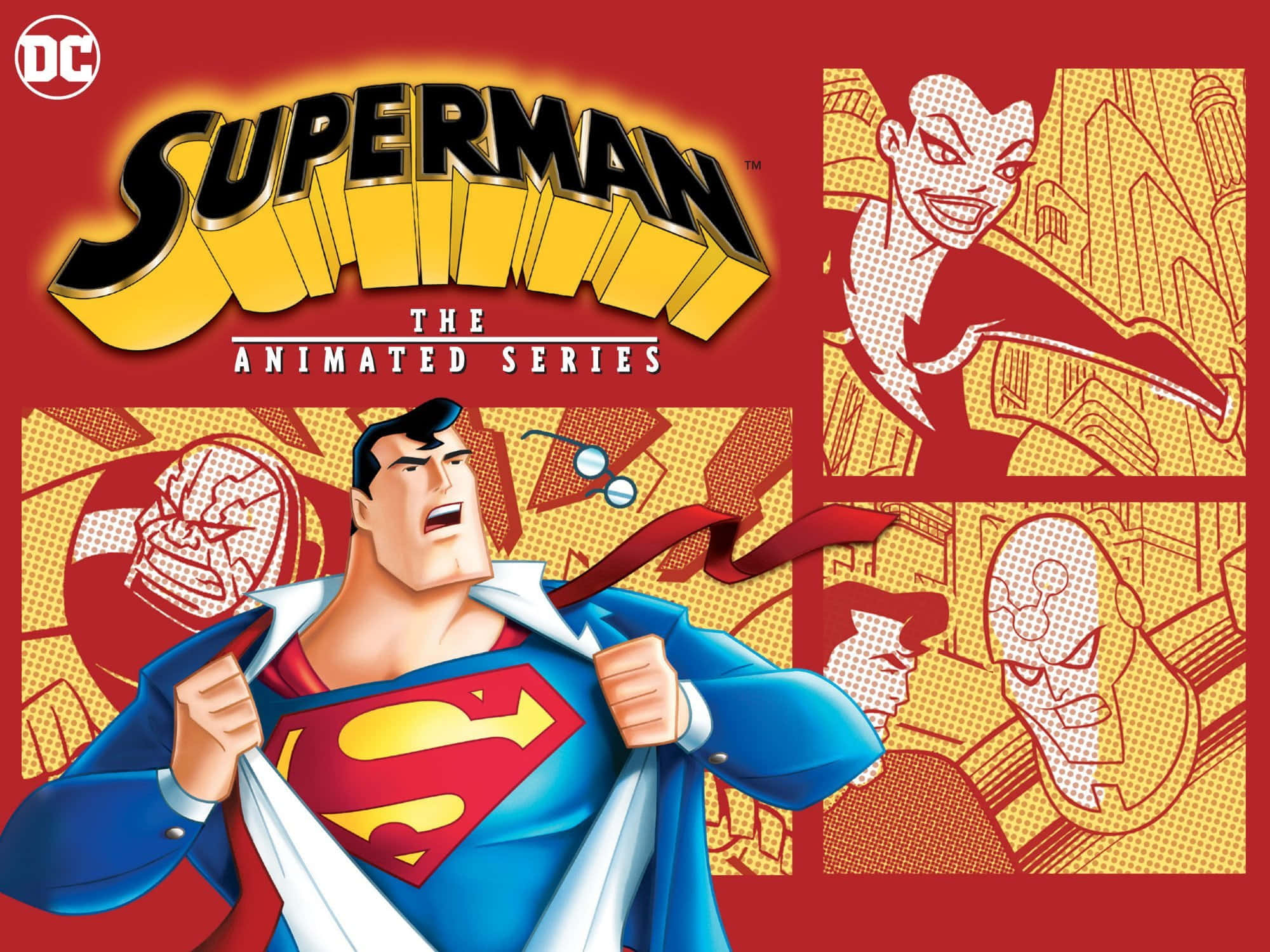 Superman The Animated Series 桌布 壁紙 — 超人撕開襯衫，在漫畫風格反派出現的鮮紅色背景上展示其標誌性的紅黃色S標誌。