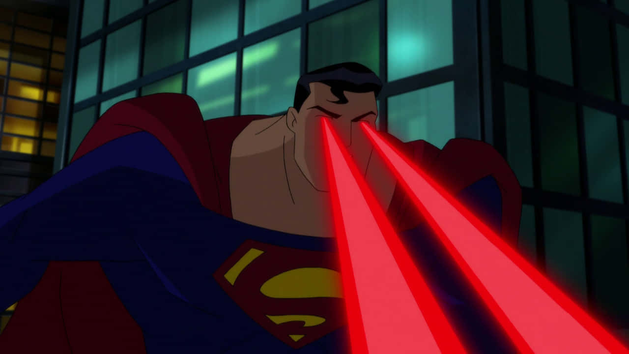 Superman The Animated Series 桌布 壁紙 — 超人於夜間向黑暗的城市景觀從眼睛發出強大的紅色激光束。