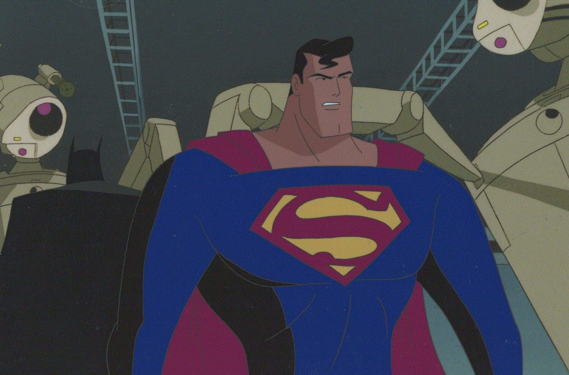 Superman The Animated Series 桌布 壁紙 — 超人穿著標誌性的藍色和紅色戰衣，在黑暗的工業環境中堅定地站立，附近有機械人身影。