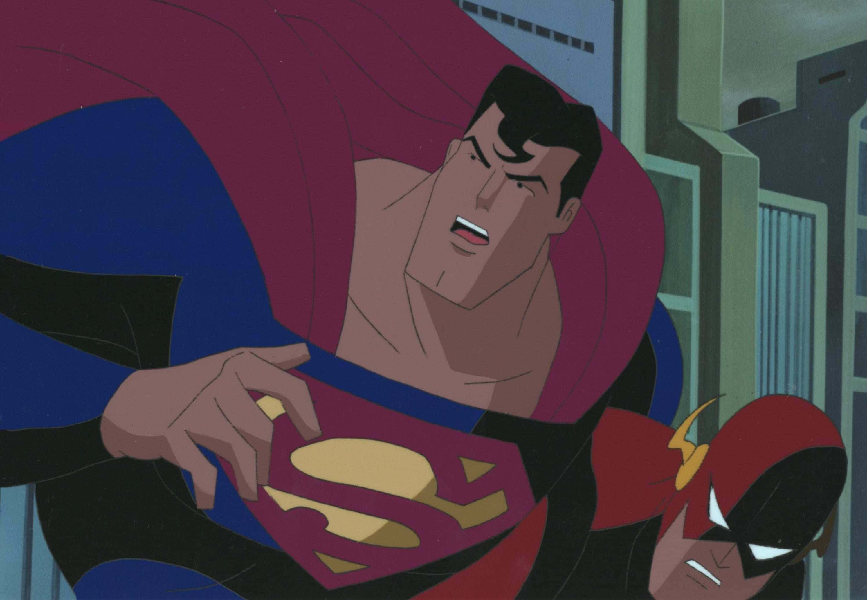 Superman The Animated Series 桌布 壁紙 — 超人穿著經典藍紅服裝，披風飄揚，在動態的城市動漫場景中抱著閃電俠。