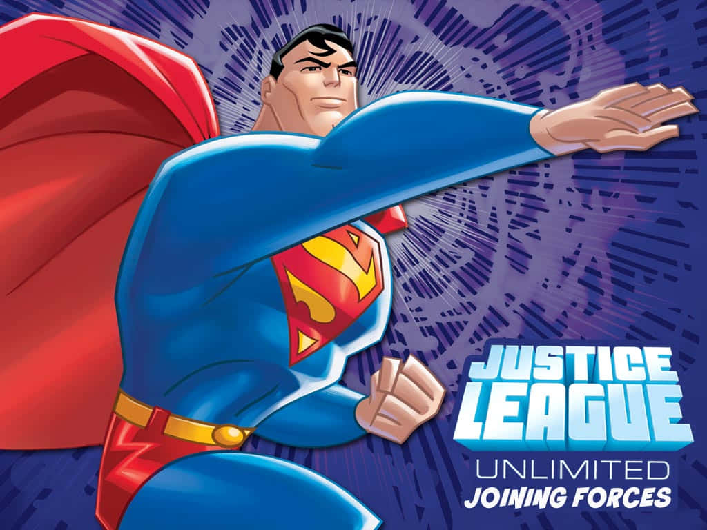 Justice League Unlimited 桌布 壁紙 — 超人穿著藍色西裝和紅色斗篷，在動態的紫色背景下以堅定的表情向前邁進。