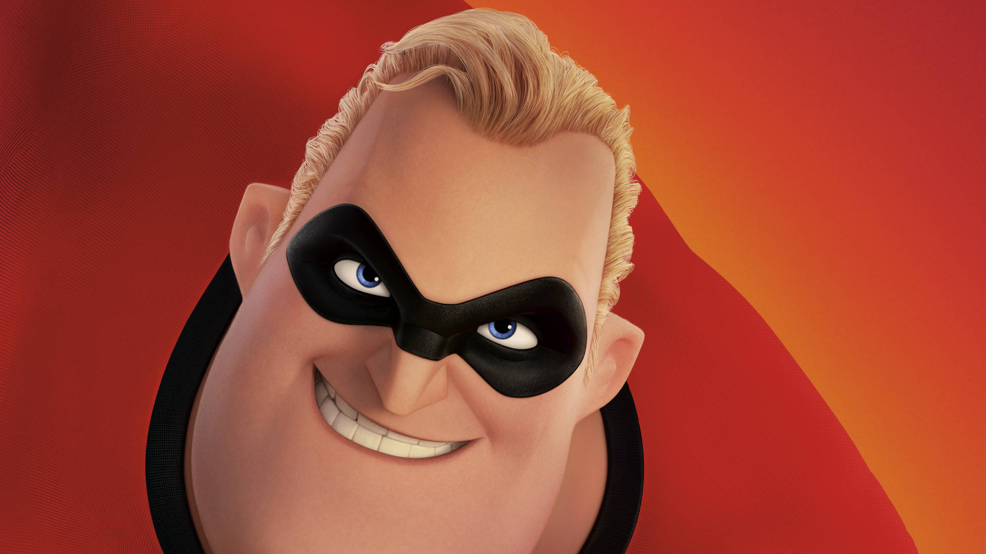 Mr. Incredible 戴著超級英雄面具微笑，背景為紅色和橙色。