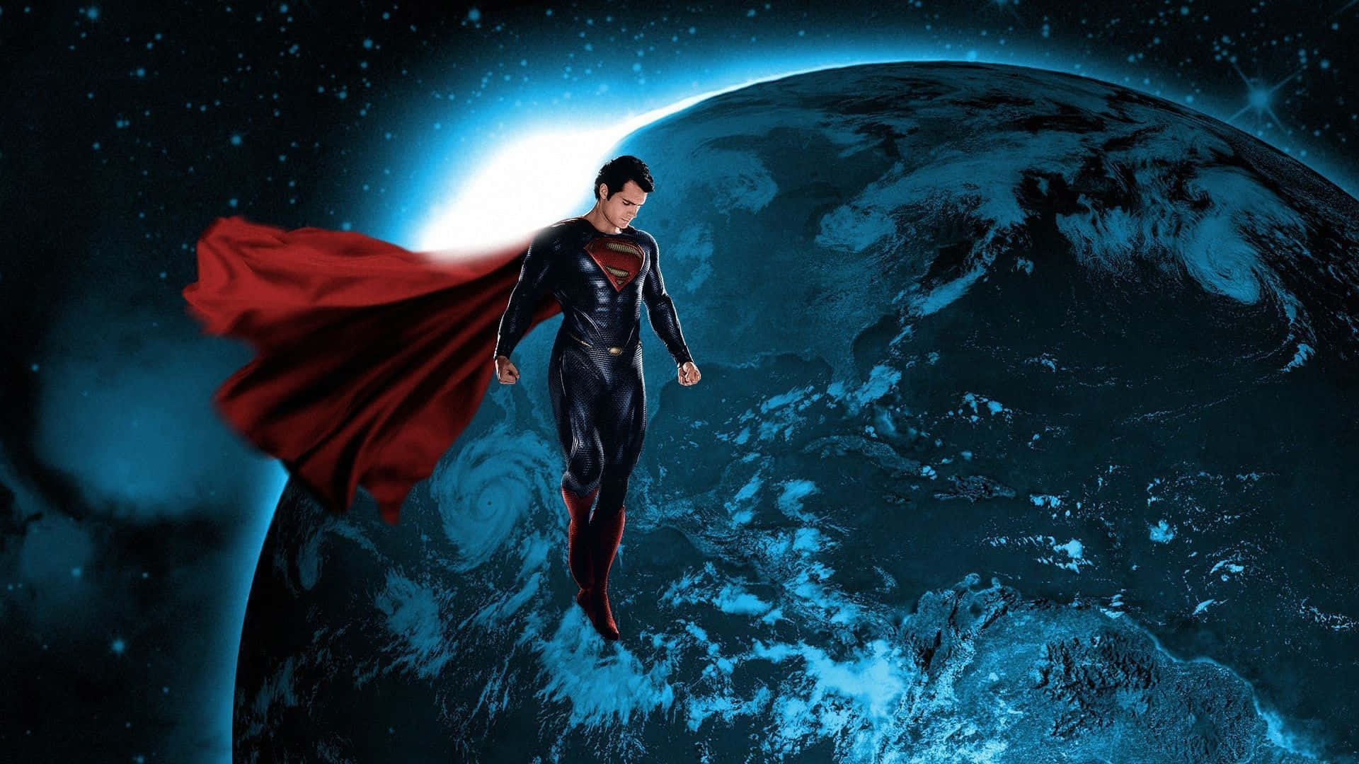 heroes 桌布 壁紙 — 超人翱翔在地球上空，紅色斗篷在星光宇宙背景下飄揚。