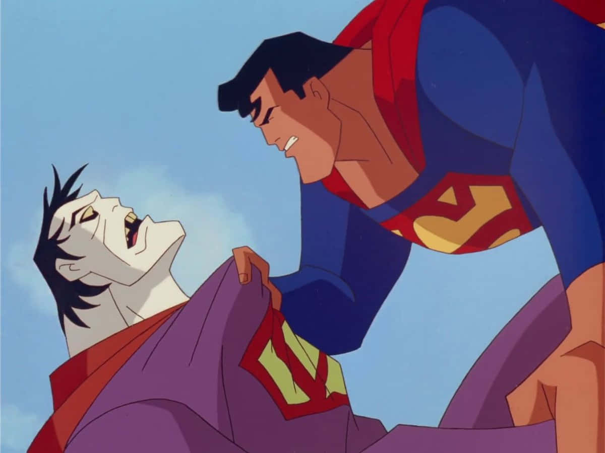 Superman The Animated Series 桌布 壁紙 — 超人聳立在一個大笑的小丑之上，在晴朗的藍天下展開一場戲劇性的動畫對決。