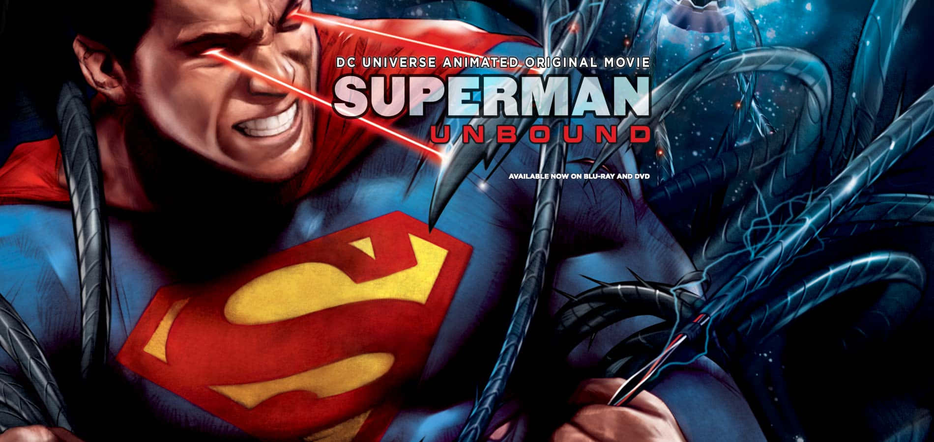 Superman Unbound 桌布 壁紙 — 超人與一隻擁有發光紅眼和激光視力的黑暗觸手怪物戰鬥，出現在一張戲劇性的動畫電影海報中。