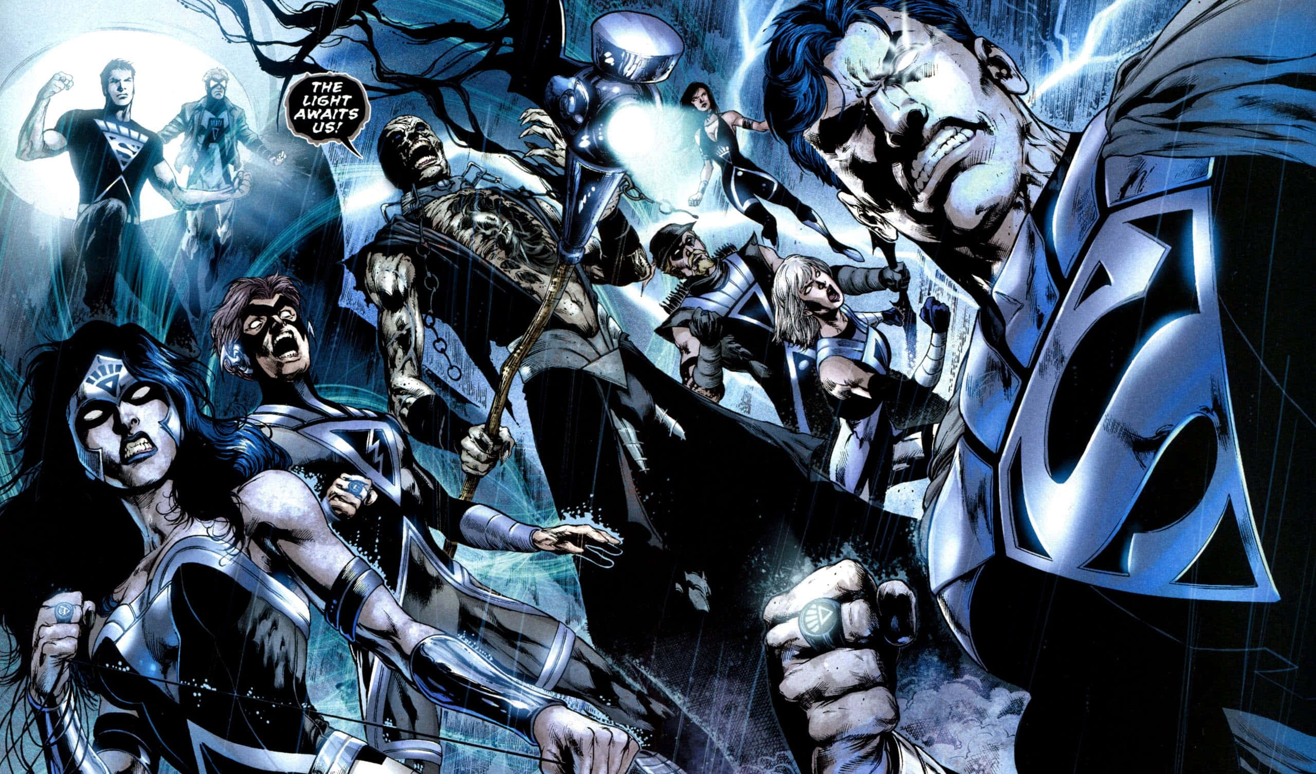 Blackest Night 桌布 壁紙 — 超人與神奇女俠在一個戲劇性的漫畫書面板中帶領一場激烈的戰鬥對抗黑暗勢力。