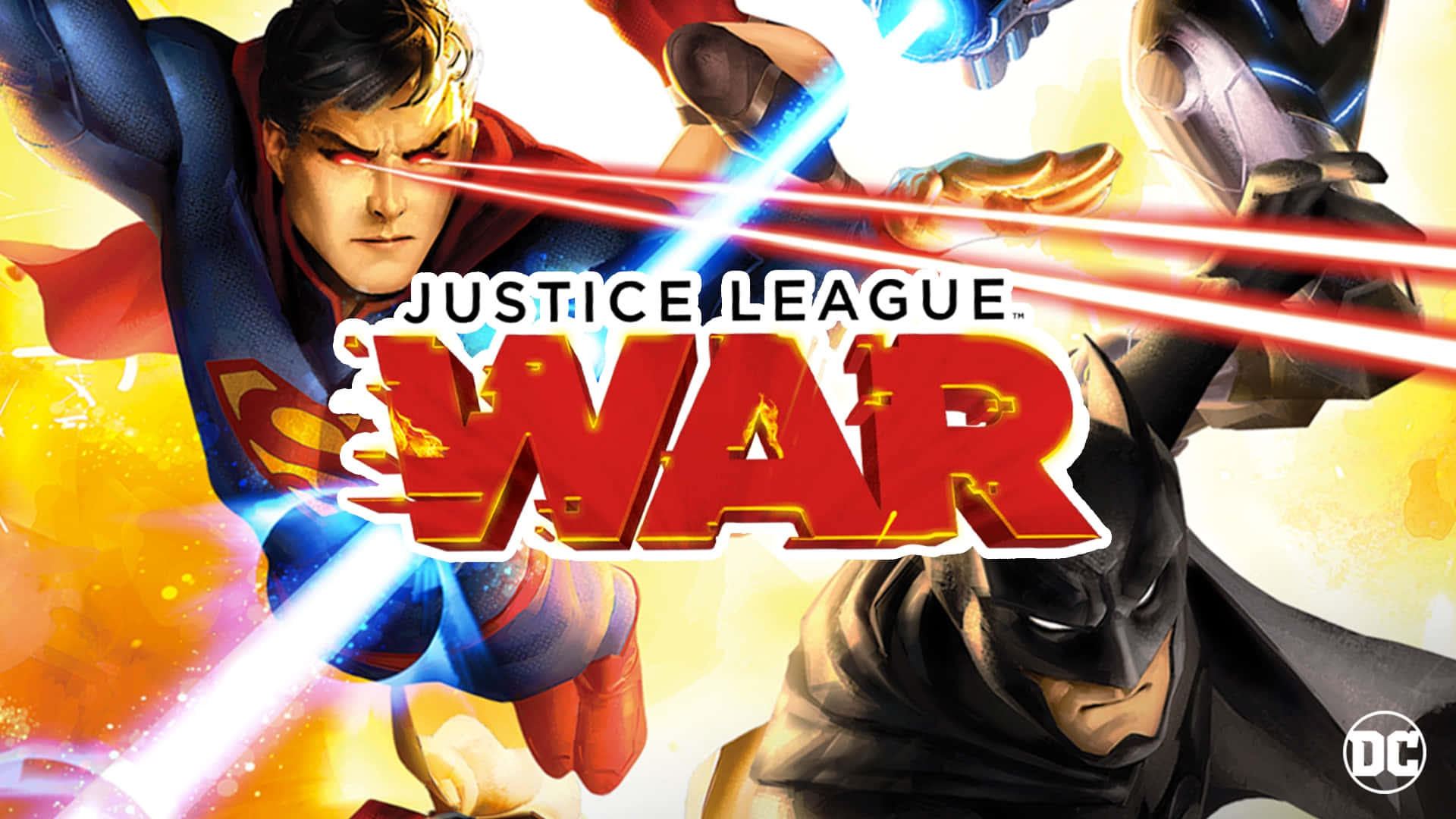 Justice League War 桌布 壁紙 — 超人與蝙蝠俠在動態漫畫戰鬥中碰撞，帶有能量光束和粗體紅色標題文字。