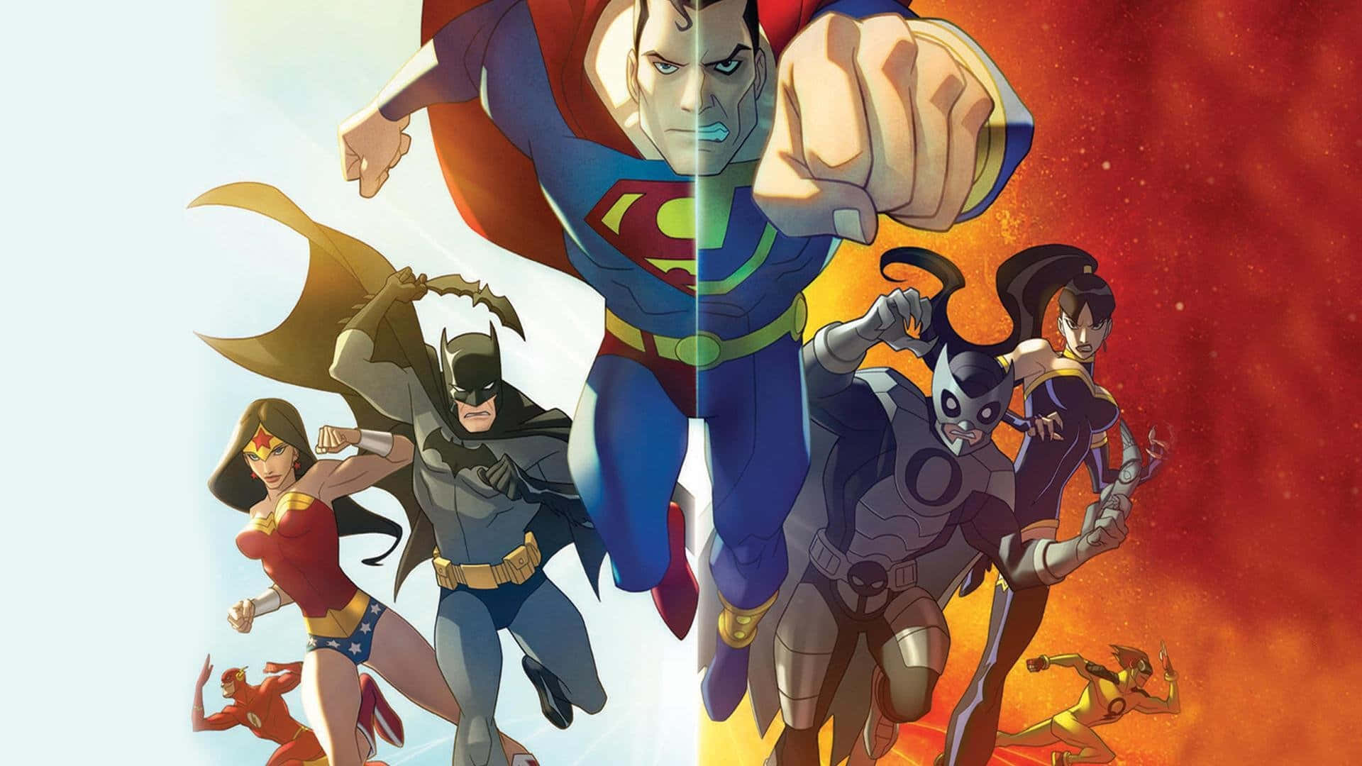 Justice League Crisis On Two Earths 桌布 壁紙 — 超人與蝙蝠俠在強烈的漫畫藝術中，帶領一支充滿活力的超級英雄團隊，對抗熾熱的宇宙背景。