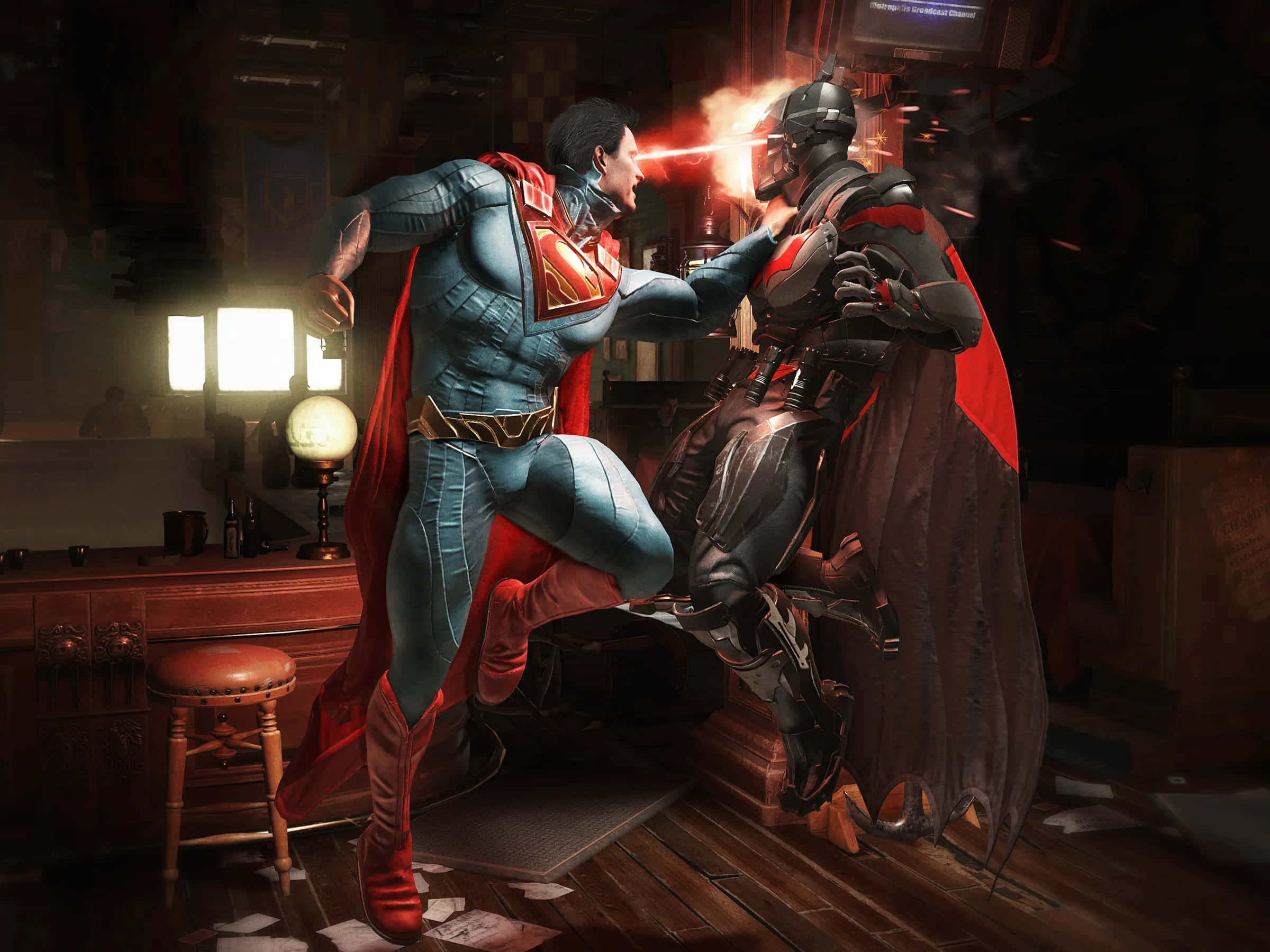 Superhero Video Games 桌布 壁紙 — 超人與蝙蝠俠在燈光昏暗的酒吧中衝突，紅色激光束和散落在木地板上的紙張。