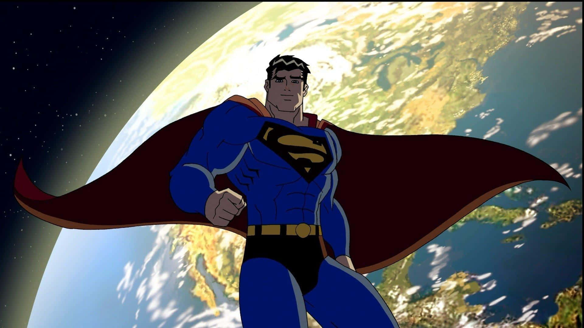 Superman The Animated Series 桌布 壁紙 — 超人英勇地站在太空中，地球彎曲的地平線在他身後，斗篷在零重力中飄動。