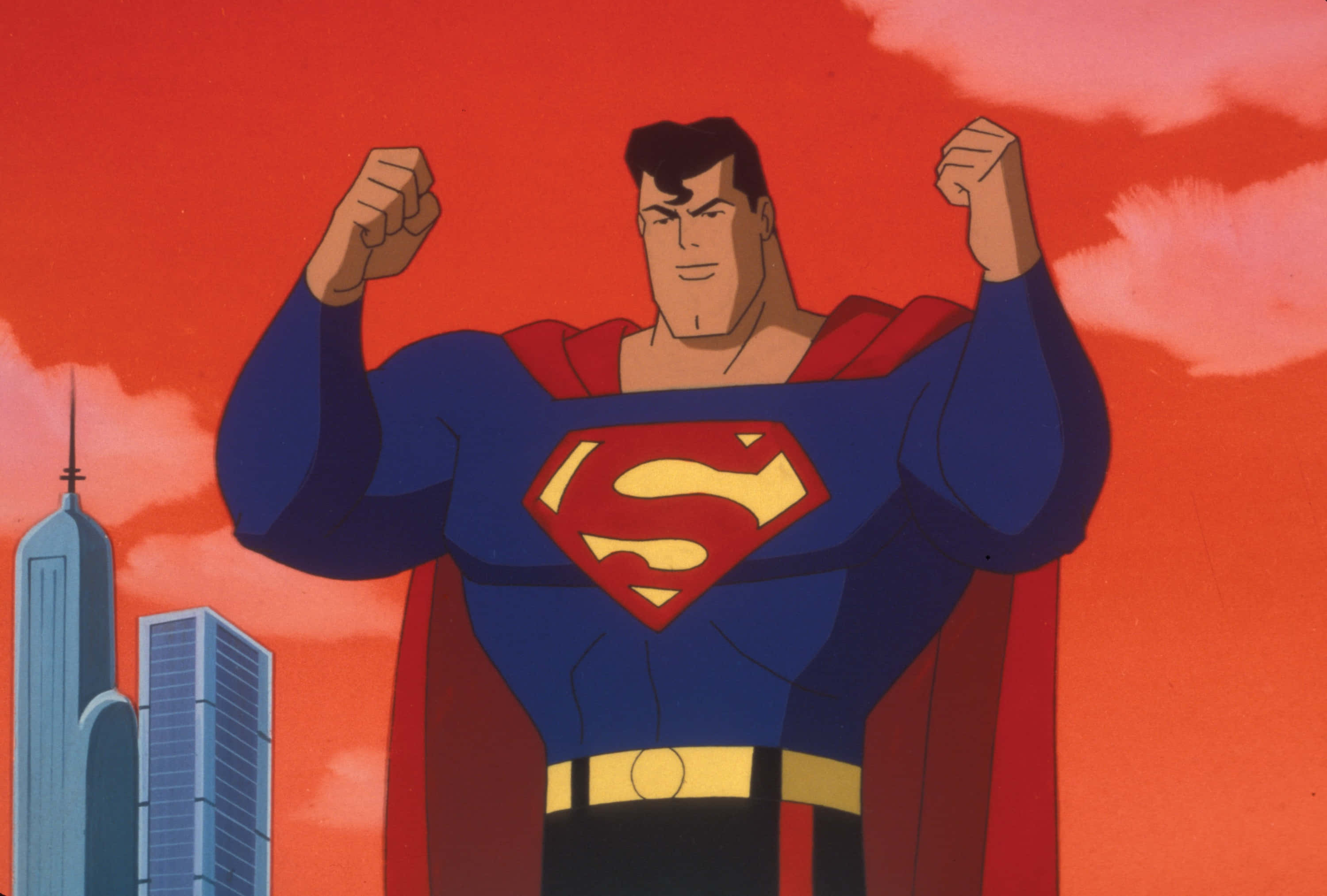 Superman The Animated Series 桌布 壁紙 — 超人英雄地站在城市天際線之上，拳頭高舉，對抗熾熱的紅色天空。
