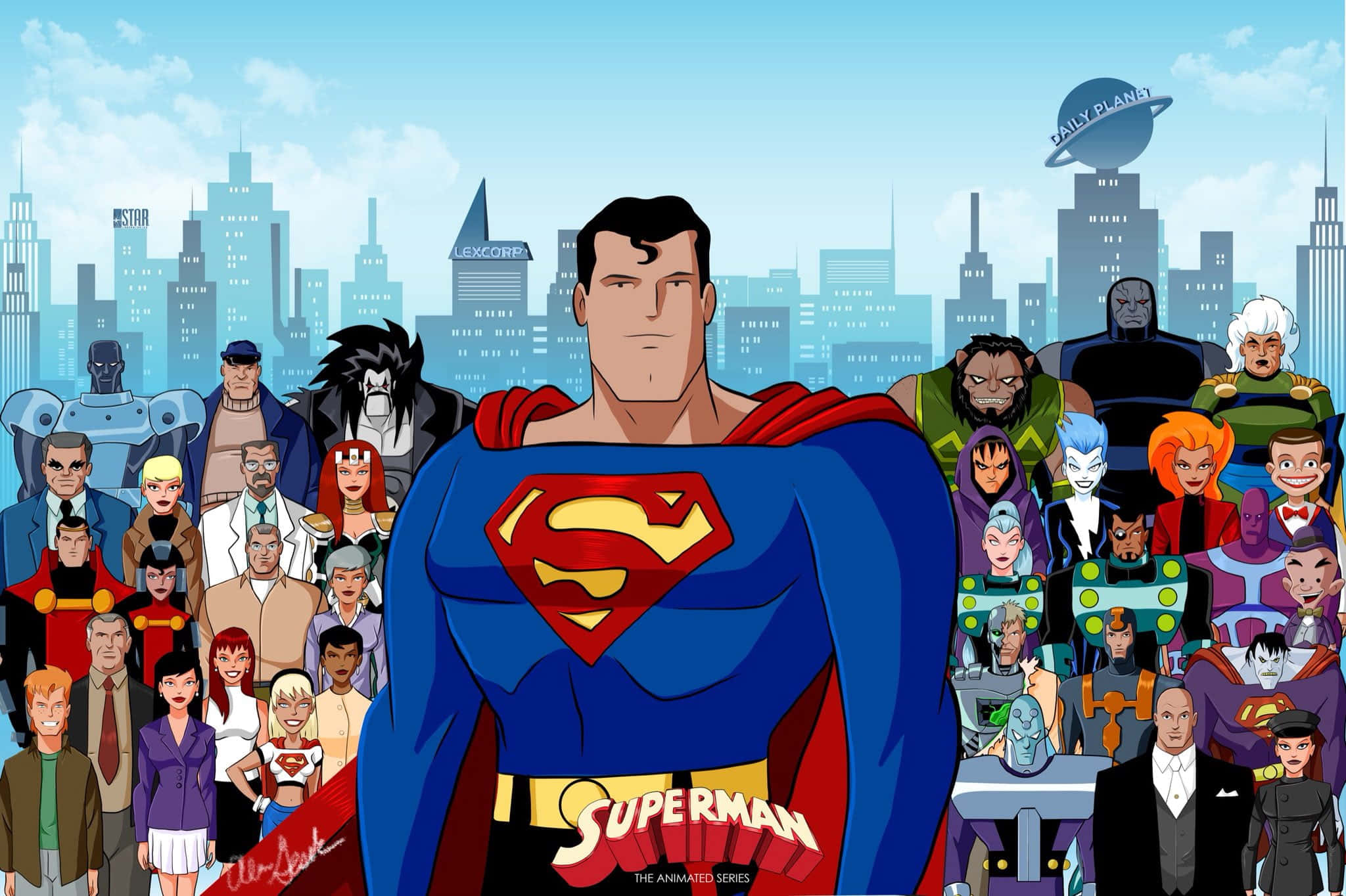 Superman The Animated Series 桌布 壁紙 — 超人英雄地站在繁華的城市景觀前，周圍是他動畫化的正義聯盟盟友。