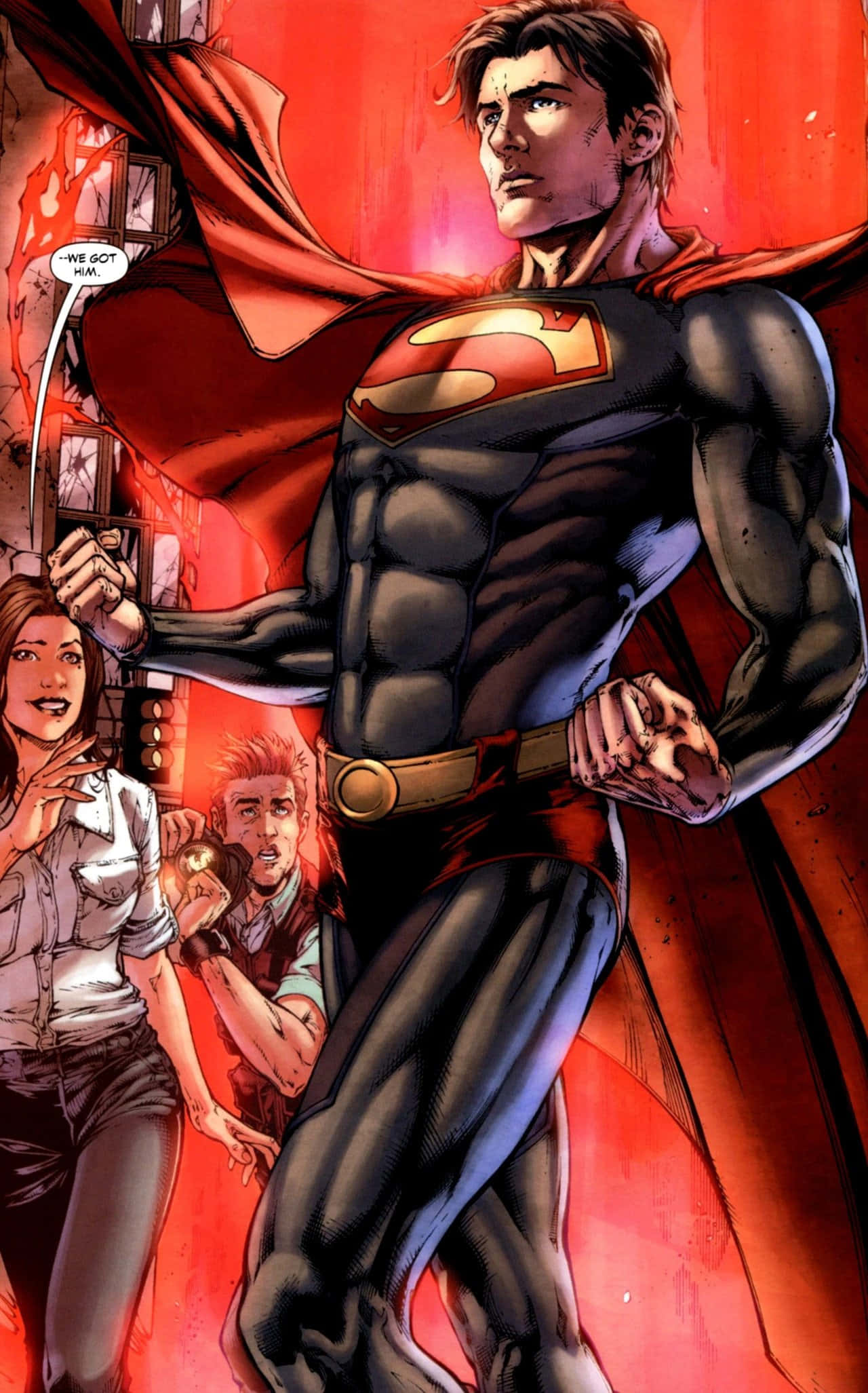 comic 桌布 壁紙 — 超人英雄般地站在漫畫格中，紅色斗篷飄揚，身後兩名平民敬畏地仰望。