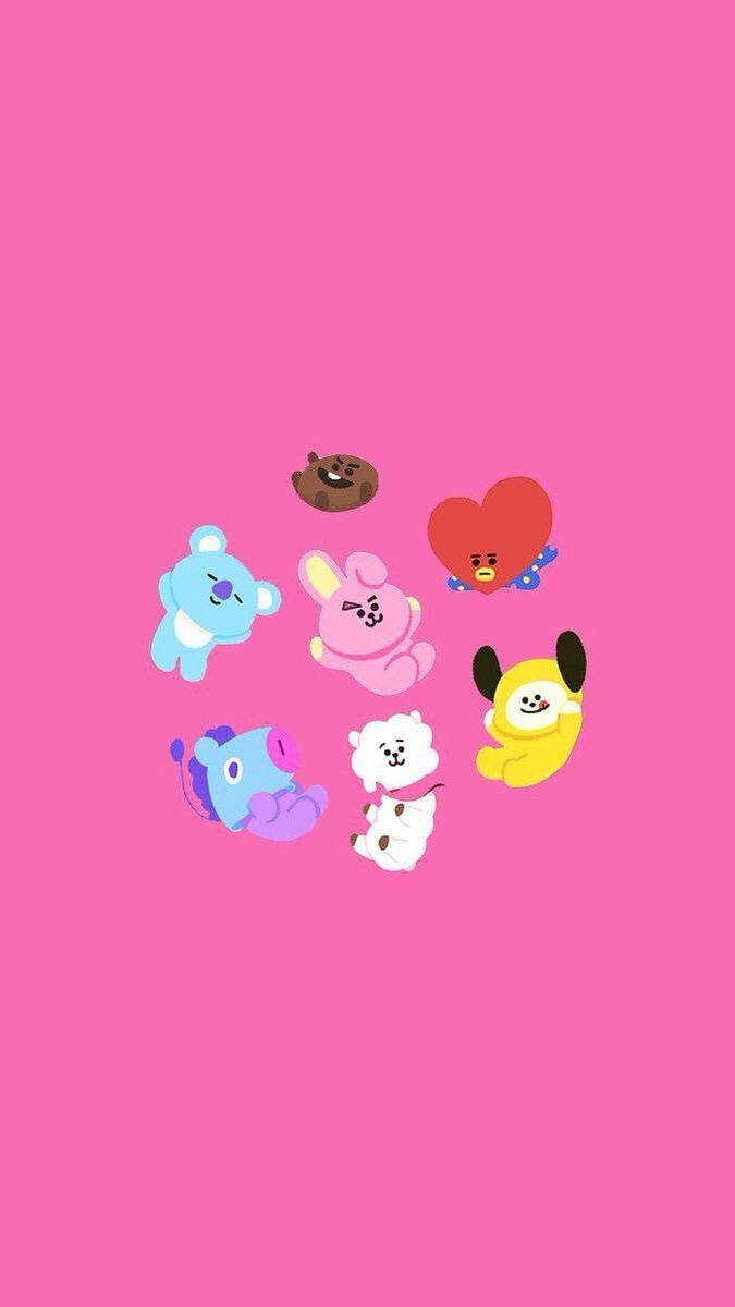 七個BT21卡通角色在粉紅色背景上漂浮。