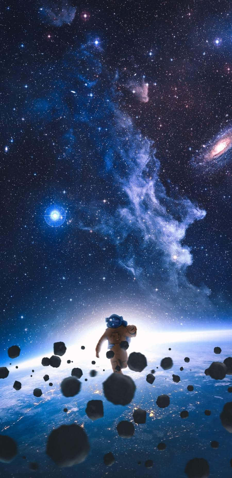 太空人在星光熠熠的太空中小行星帶中航行，伴隨著發光的星雲。