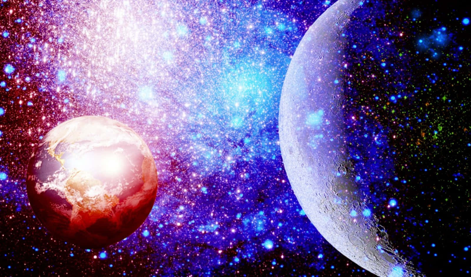 在一個色彩繽紛、佈滿星星的星系中的兩顆行星和一個月球。