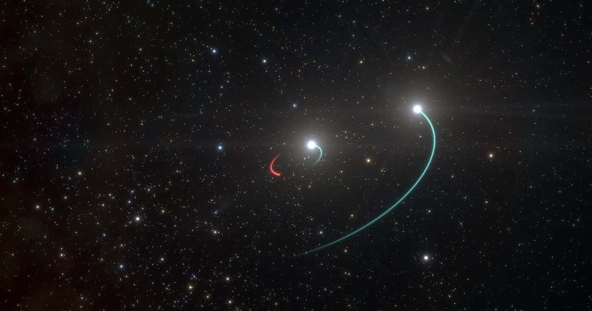兩個發光球體在星空中以紅色和藍綠色光跡環繞。