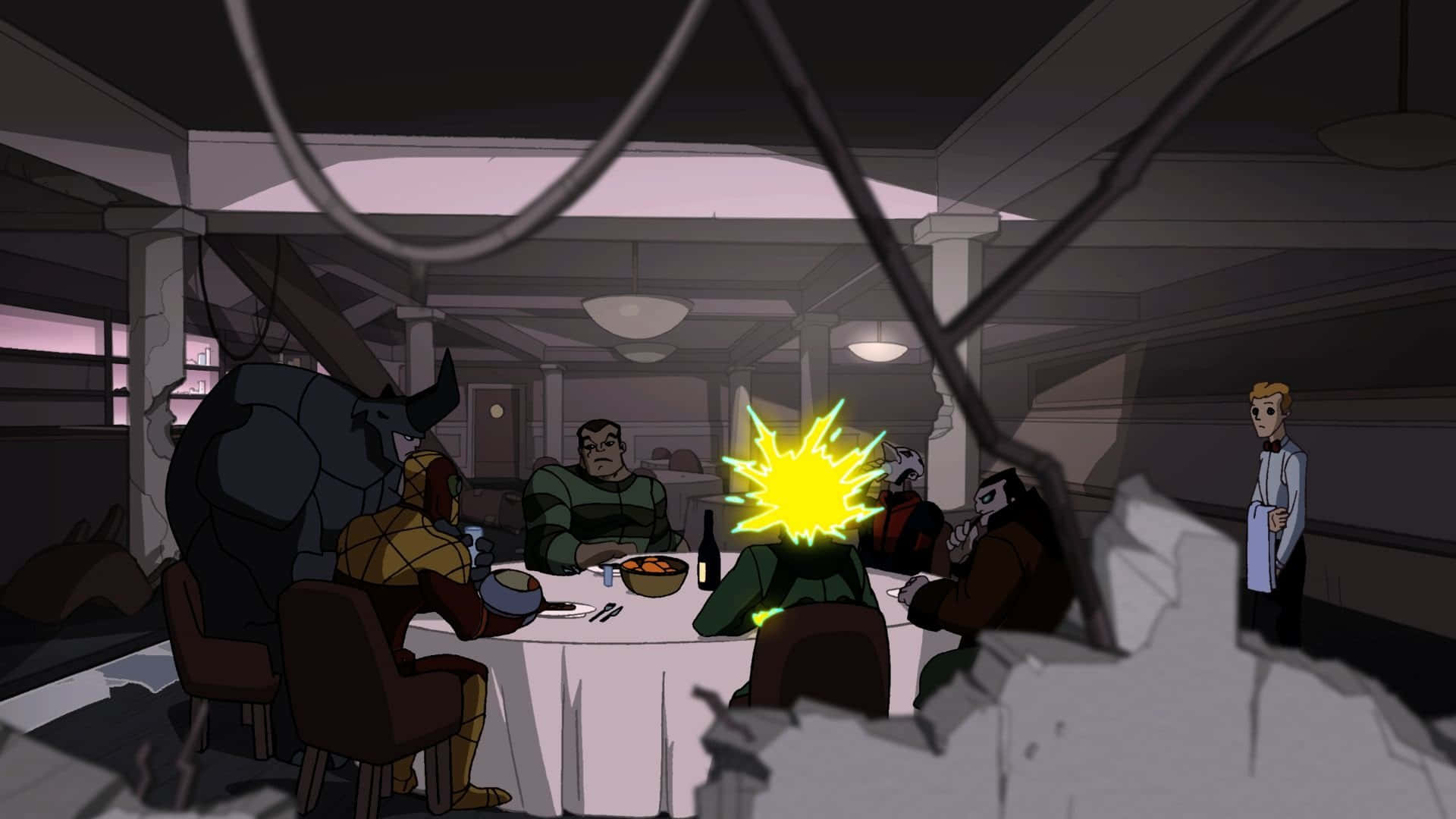《超凡蜘蛛俠》反派的密謀 壁紙 — 一個戲劇性的動漫場景顯示，一場晚餐派對被桌上明亮的黃色爆炸打斷。