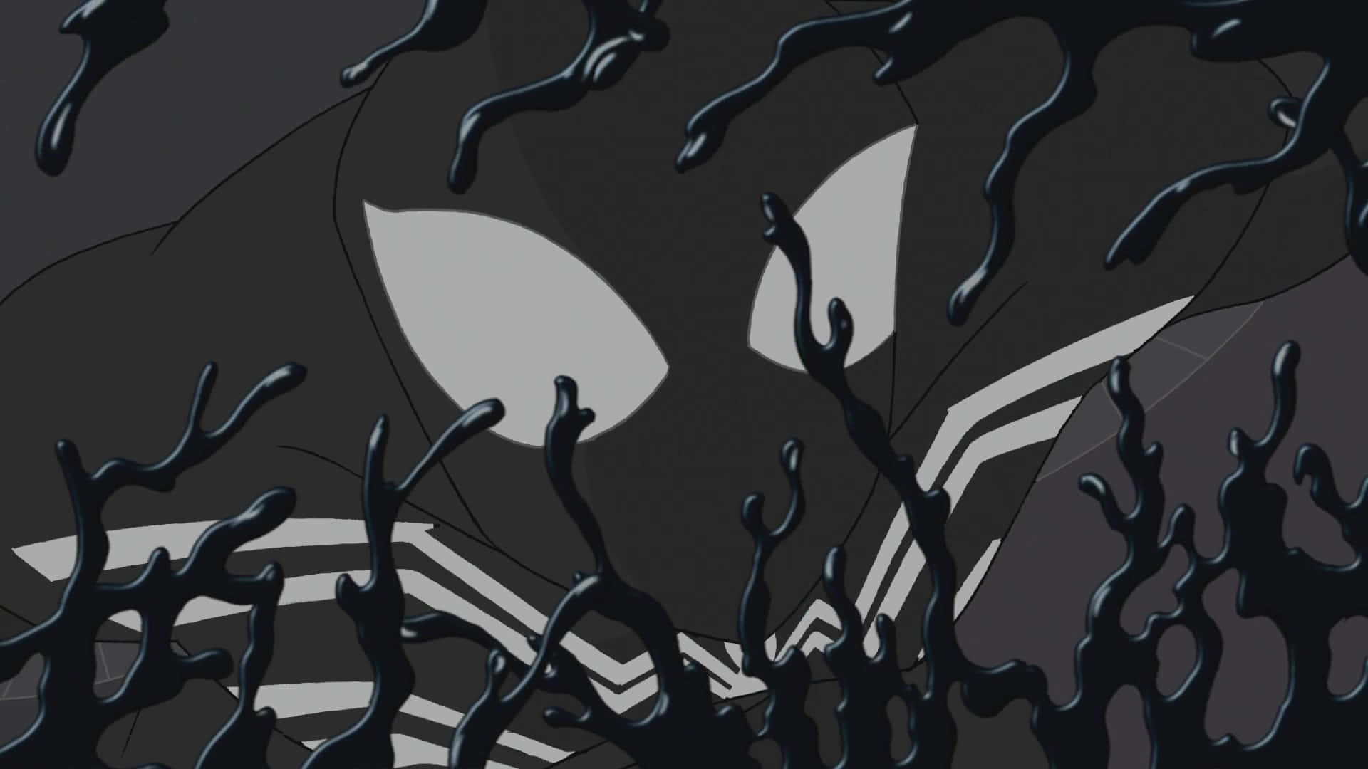 《超凡蜘蛛俠》黑白版 壁紙 — 一個威脅性的特寫鏡頭，Venom 的臉部部分被黑色共生體觸手遮擋，背景為深灰色。