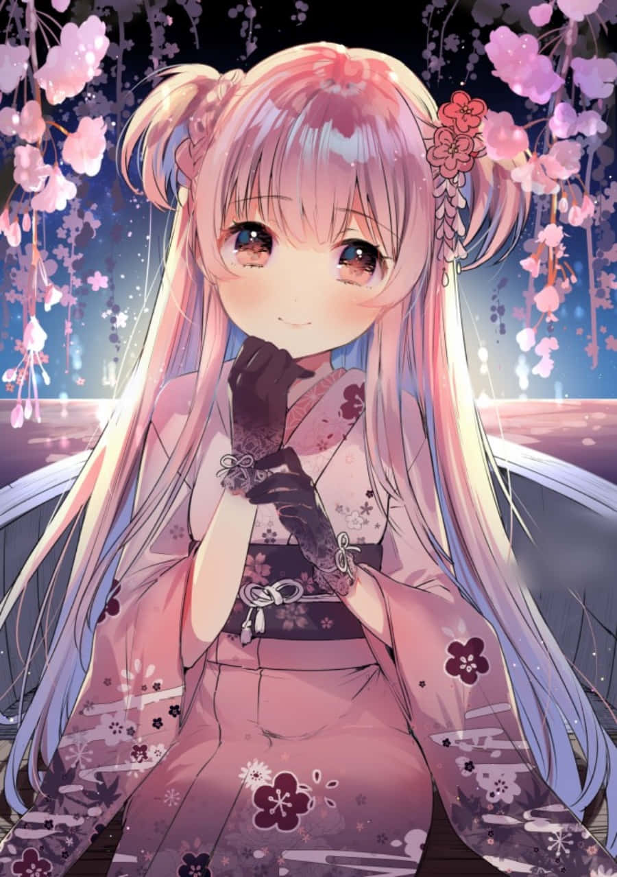 動漫女孩穿著粉紅色和服在夜晚櫻花下微笑