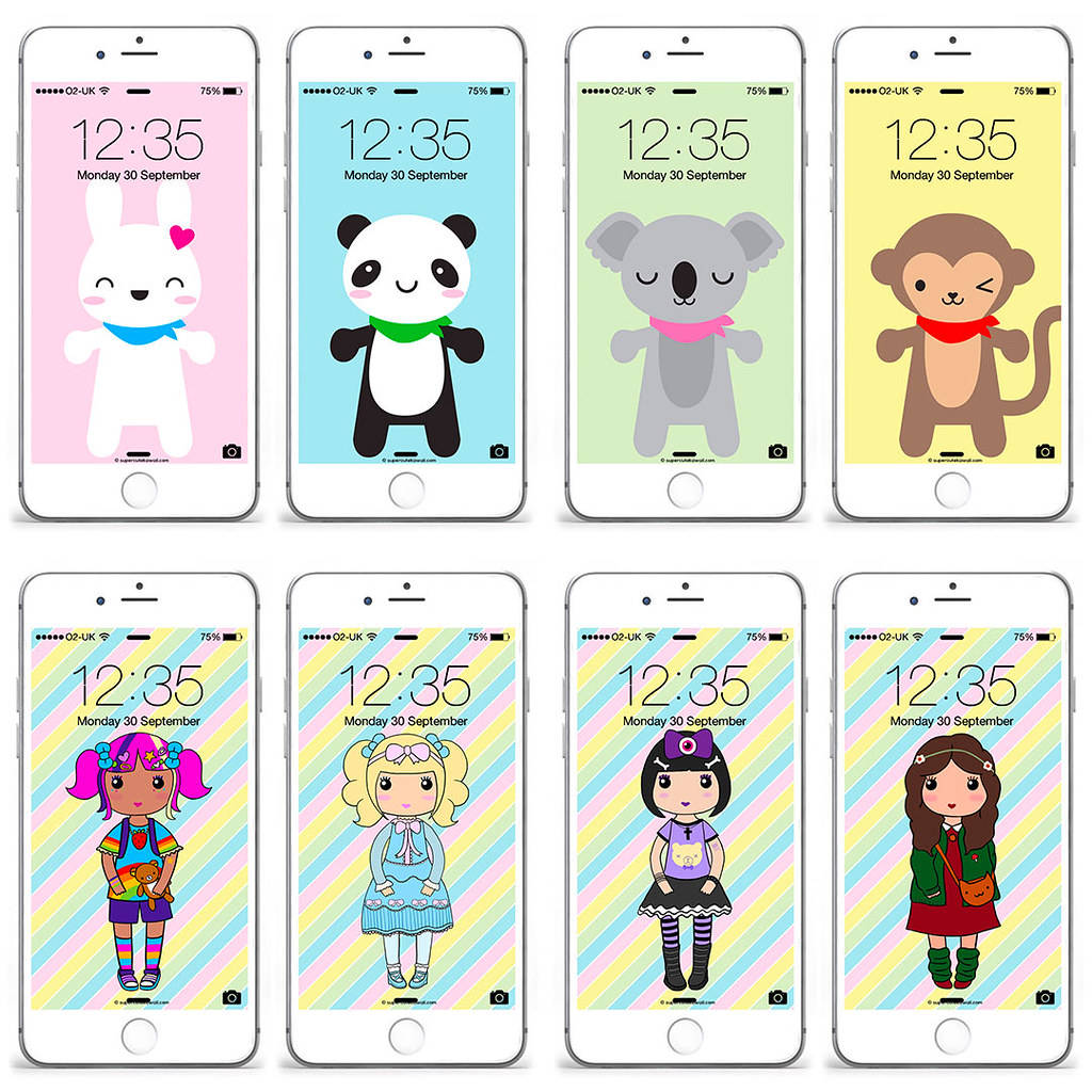 iPhone屏幕上的八款色彩繽紛的卡通動物和女孩牆紙。