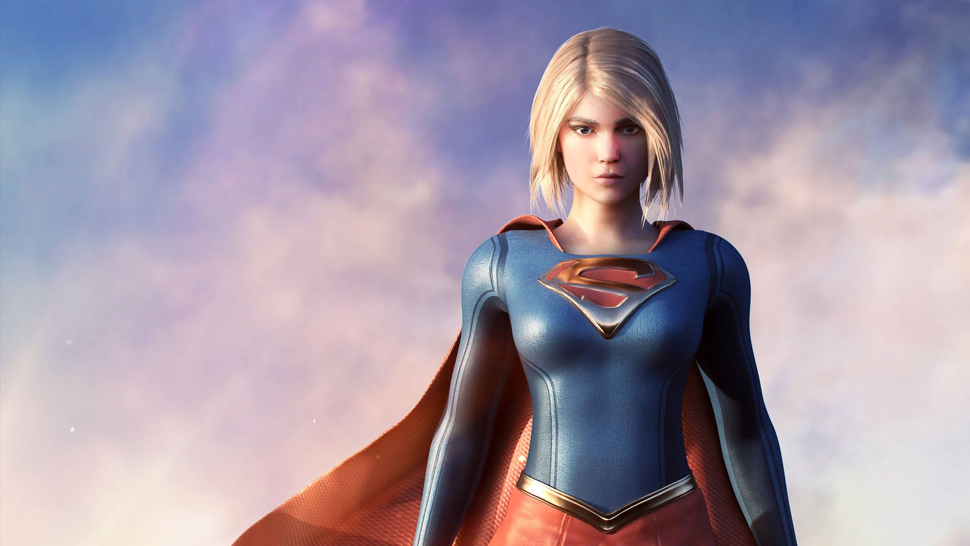 Supergirl 身穿藍色和紅色套裝配斗篷，背景是粉彩天空