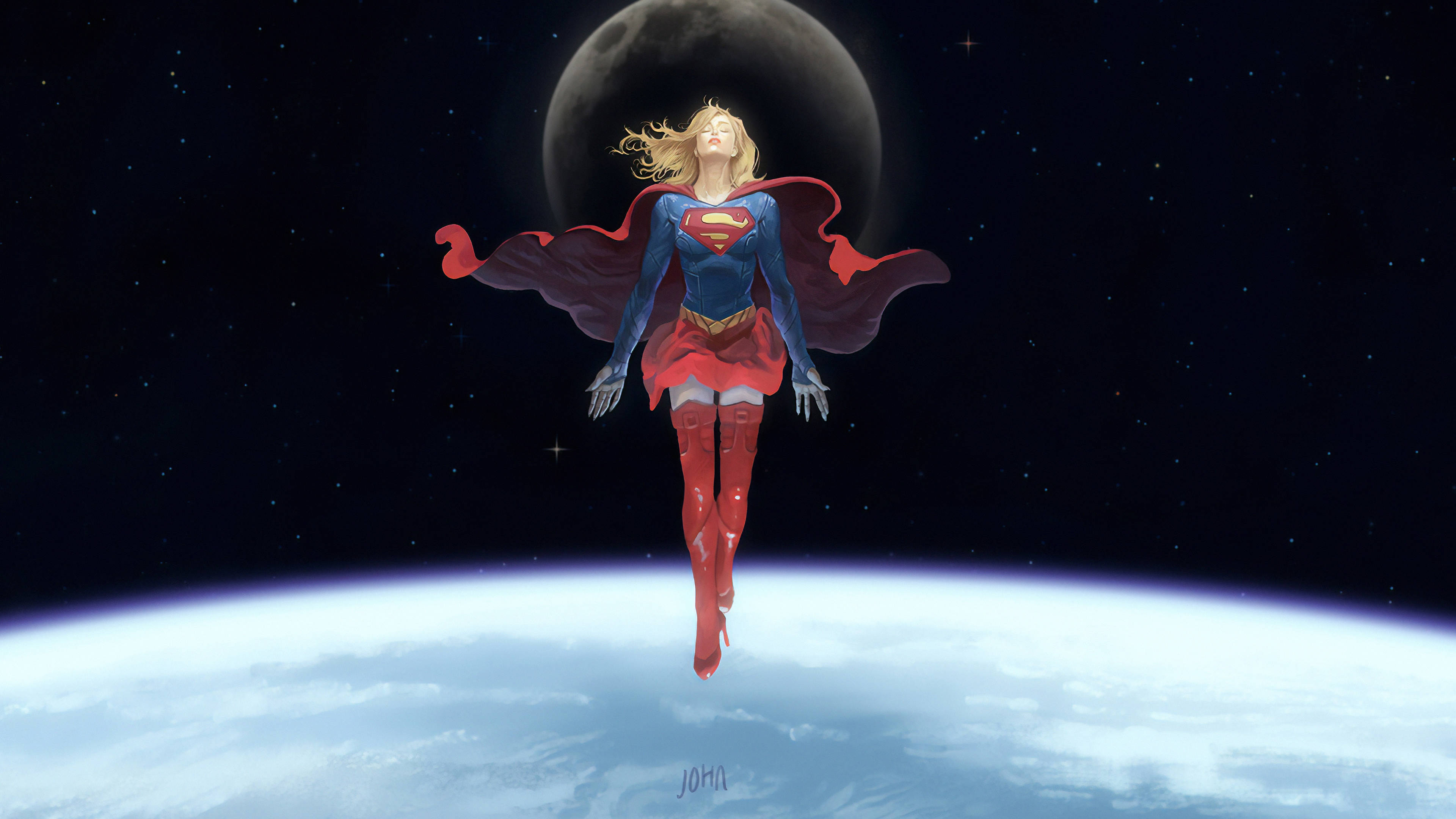 超女飄浮於地球之上 壁紙 — 超級女孩在地球上空翱翔，披風在繁星點點的天空和身後的大月亮下飄揚。