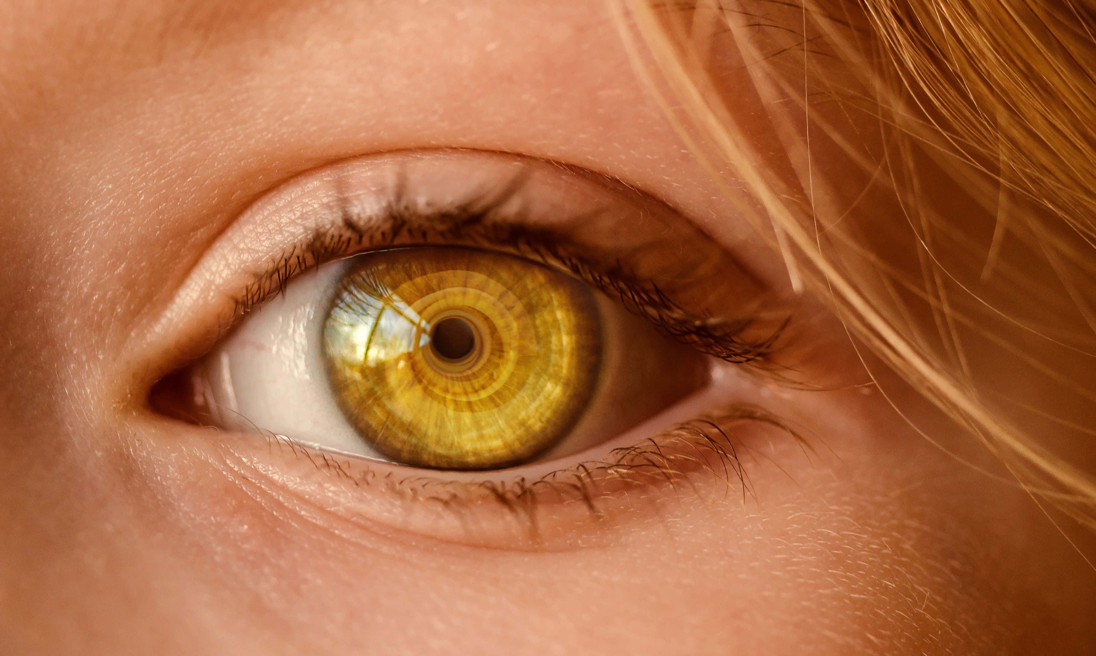 Eyes 桌布 壁紙 — 超寫實特寫人類眼睛，金色虹膜與纖細金色睫毛，映襯溫暖膚色。