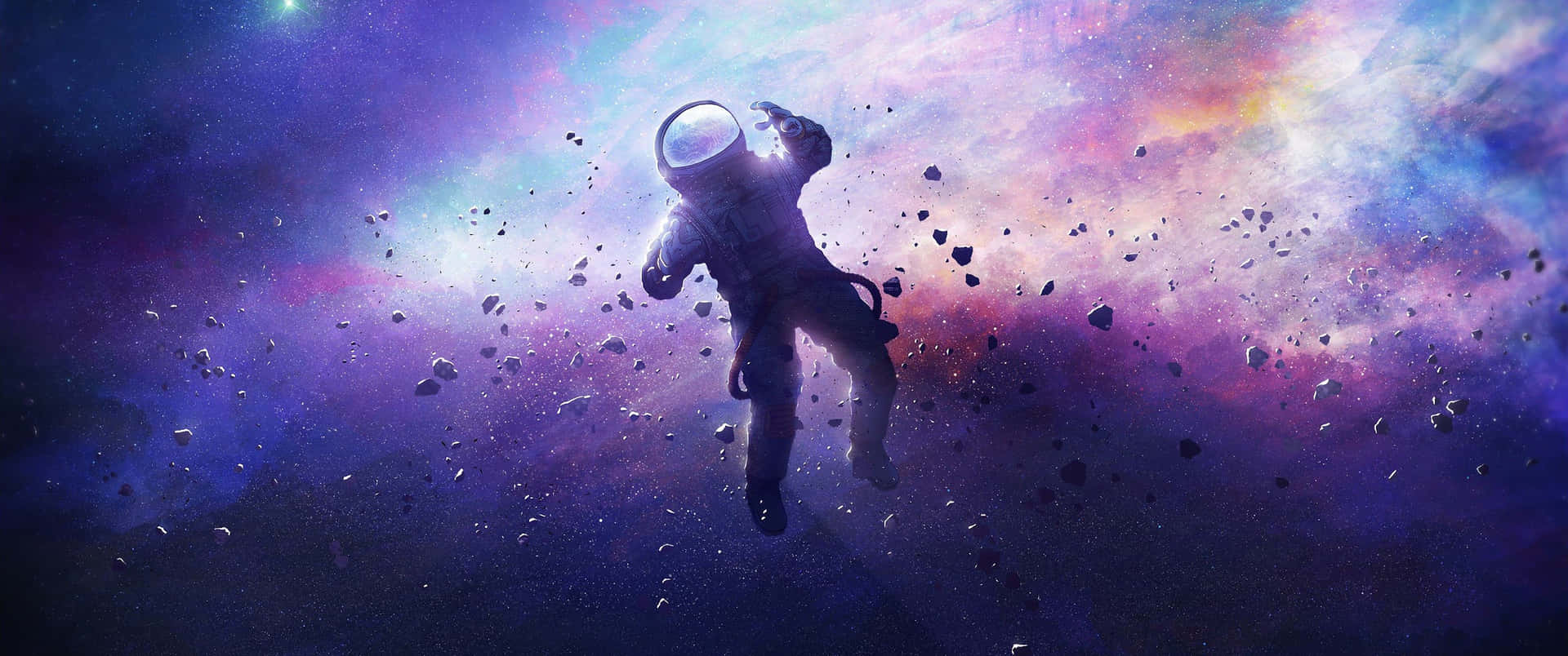 太空人在色彩繽紛的太空星雲中漂流，周圍有漂浮的岩石 — 太空 壁紙