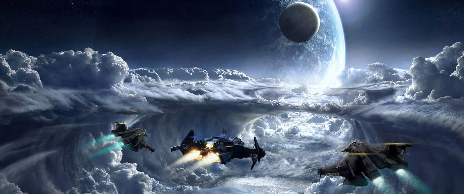 三架戰機在行星和月球附近的雲層中飛行。 — 行星 壁紙