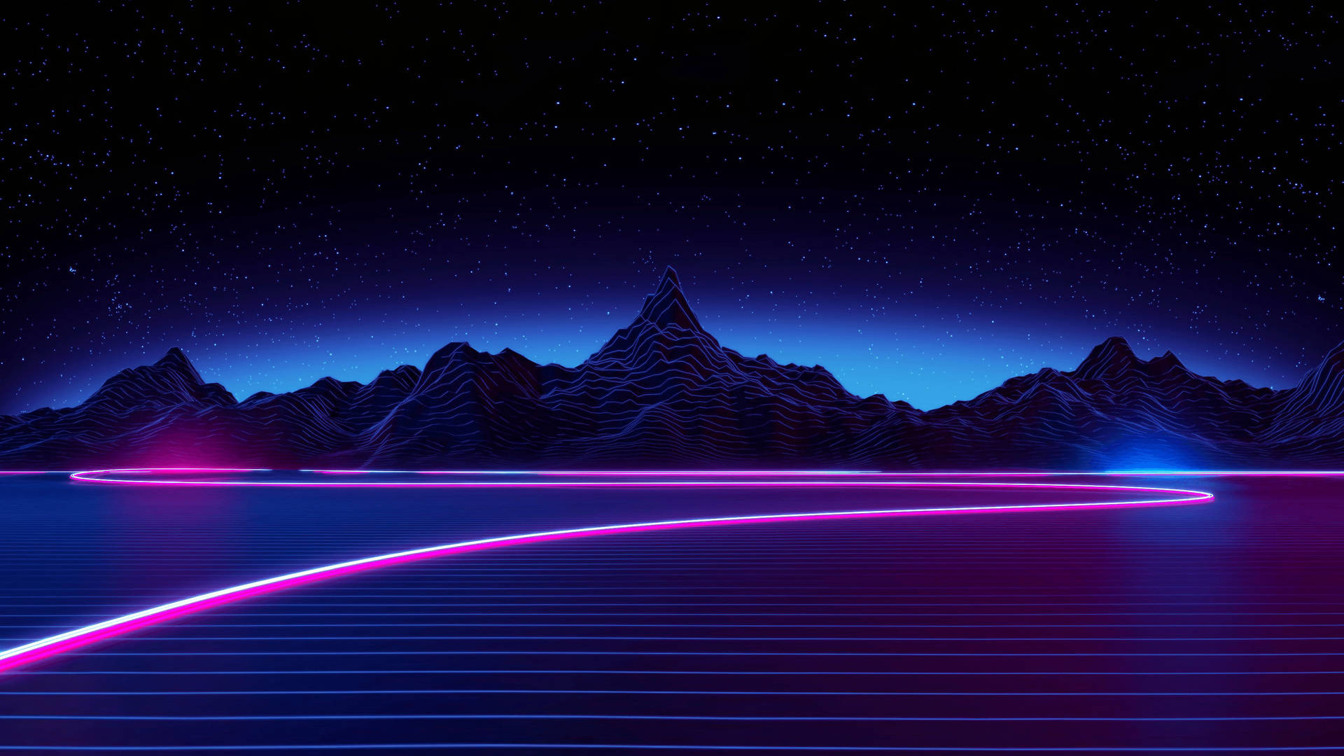 霓虹發光線條在星空夜山下的數字網格湖上彎曲。