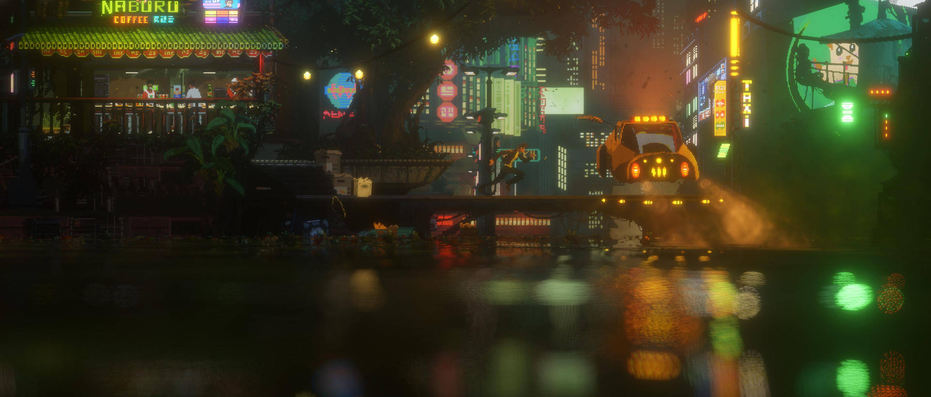 黃色的士在雨濕的霓虹街道上行駛於夜晚。