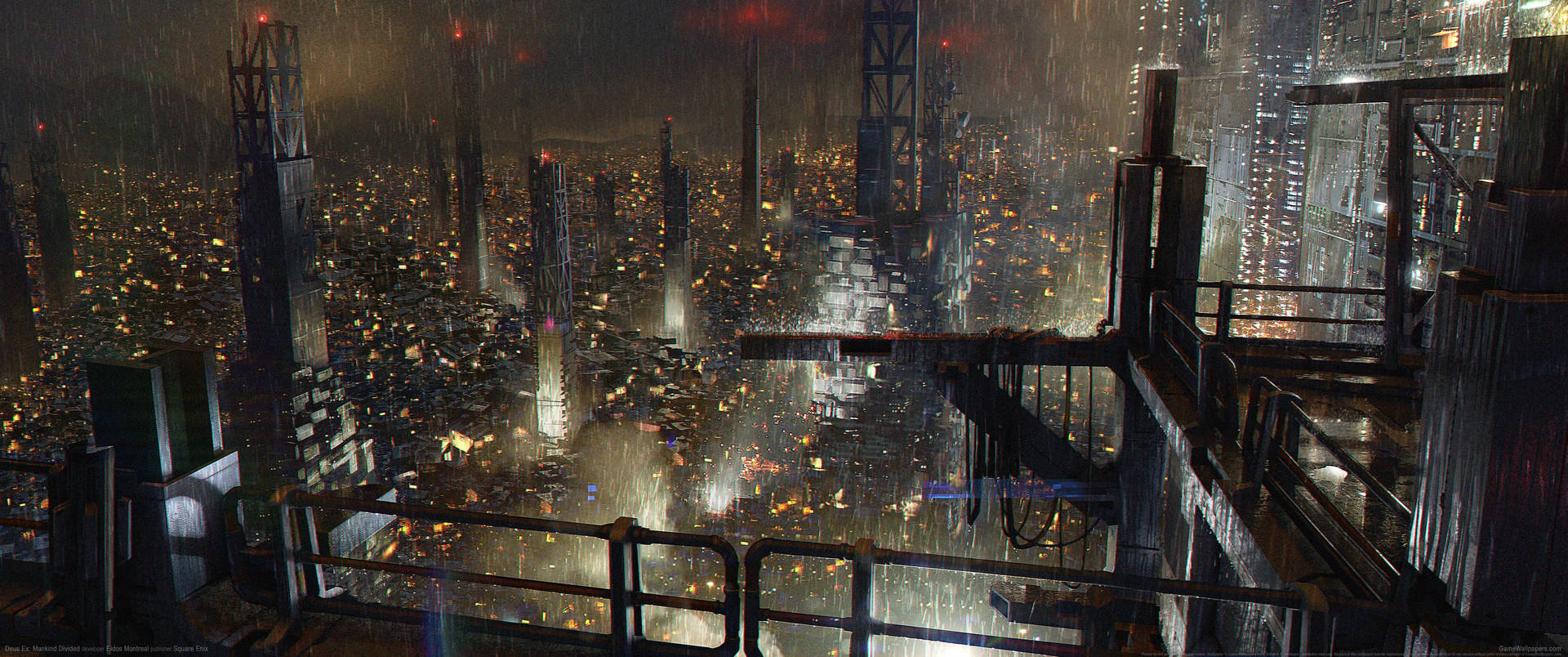 未來城市夜景，雨水和燈光在潮濕表面上的倒影。