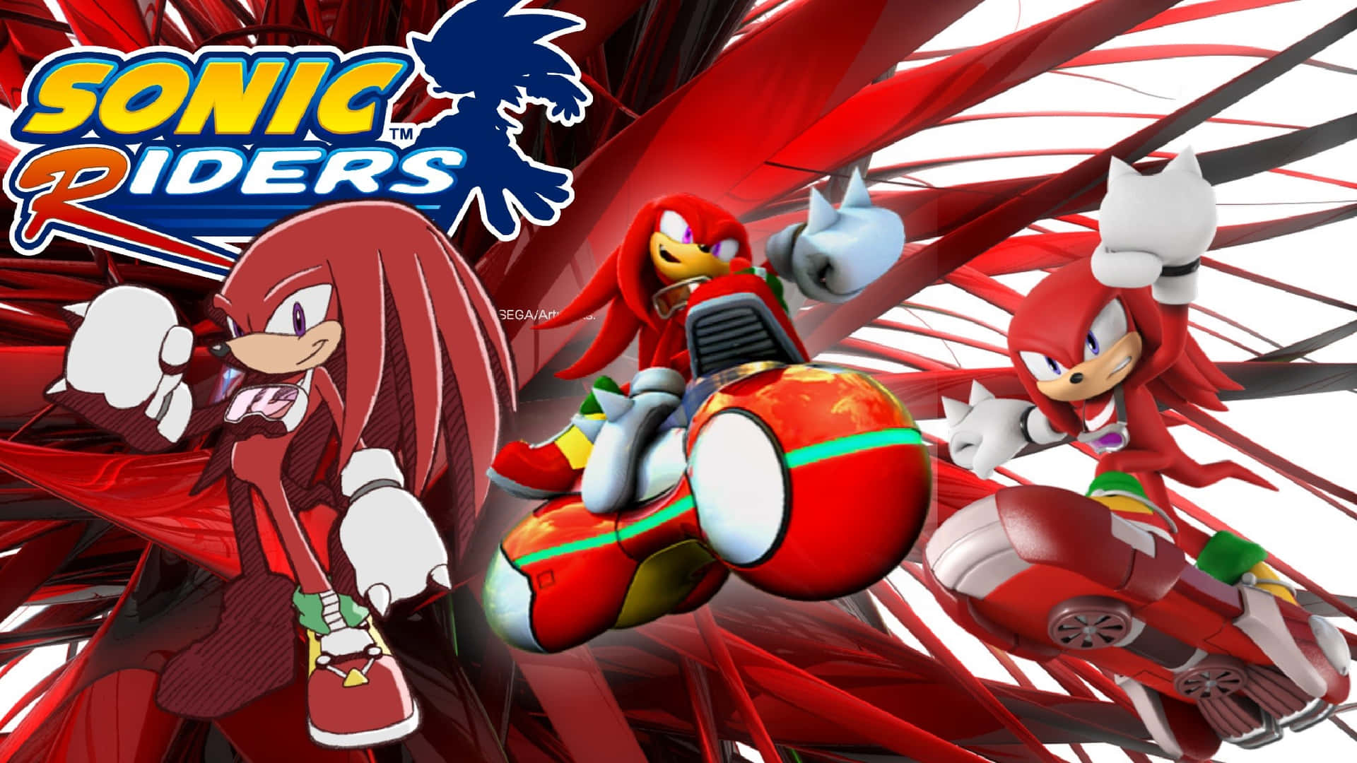 Sonic Riders 角色駕駛紅白未來風格車輛競速。