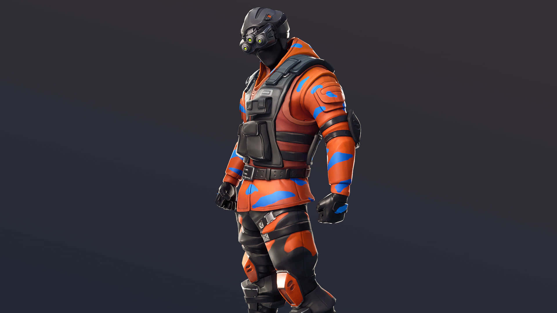 穿著橙藍色戰術裝備、眼睛發光的Fortnite角色。