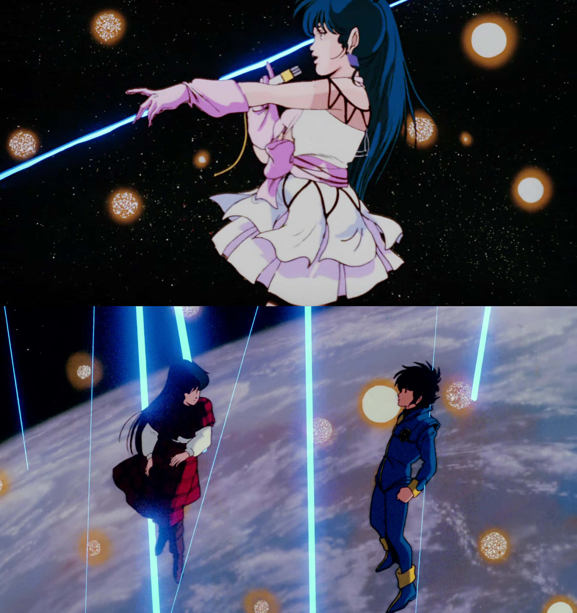 《超時空要塞》戰機間的壯烈太空戰鬥 壁紙 — 動漫角色在星空背景下漂浮在太空中，伴隨著發光的球體和光束。