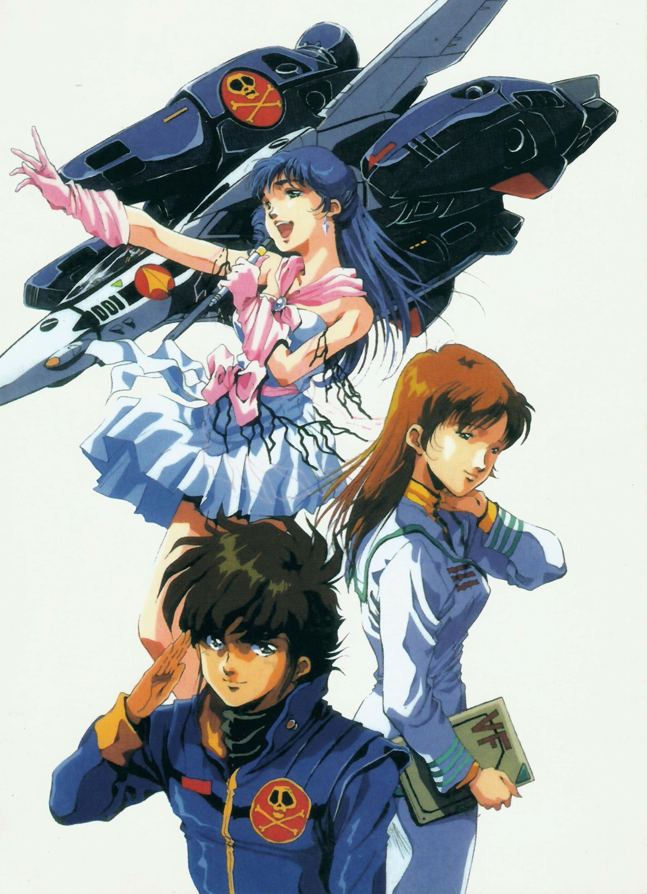 《超時空要塞》戰機飛向夕陽 壁紙 — 三個穿著飛行員制服嘅動漫角色企喺一架未來戰機後面，背景係純白色。