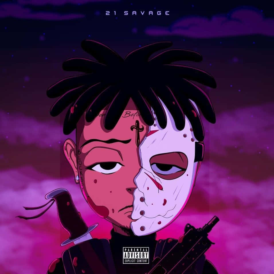 21 Savage 半邊面具持武器 紫色天空
