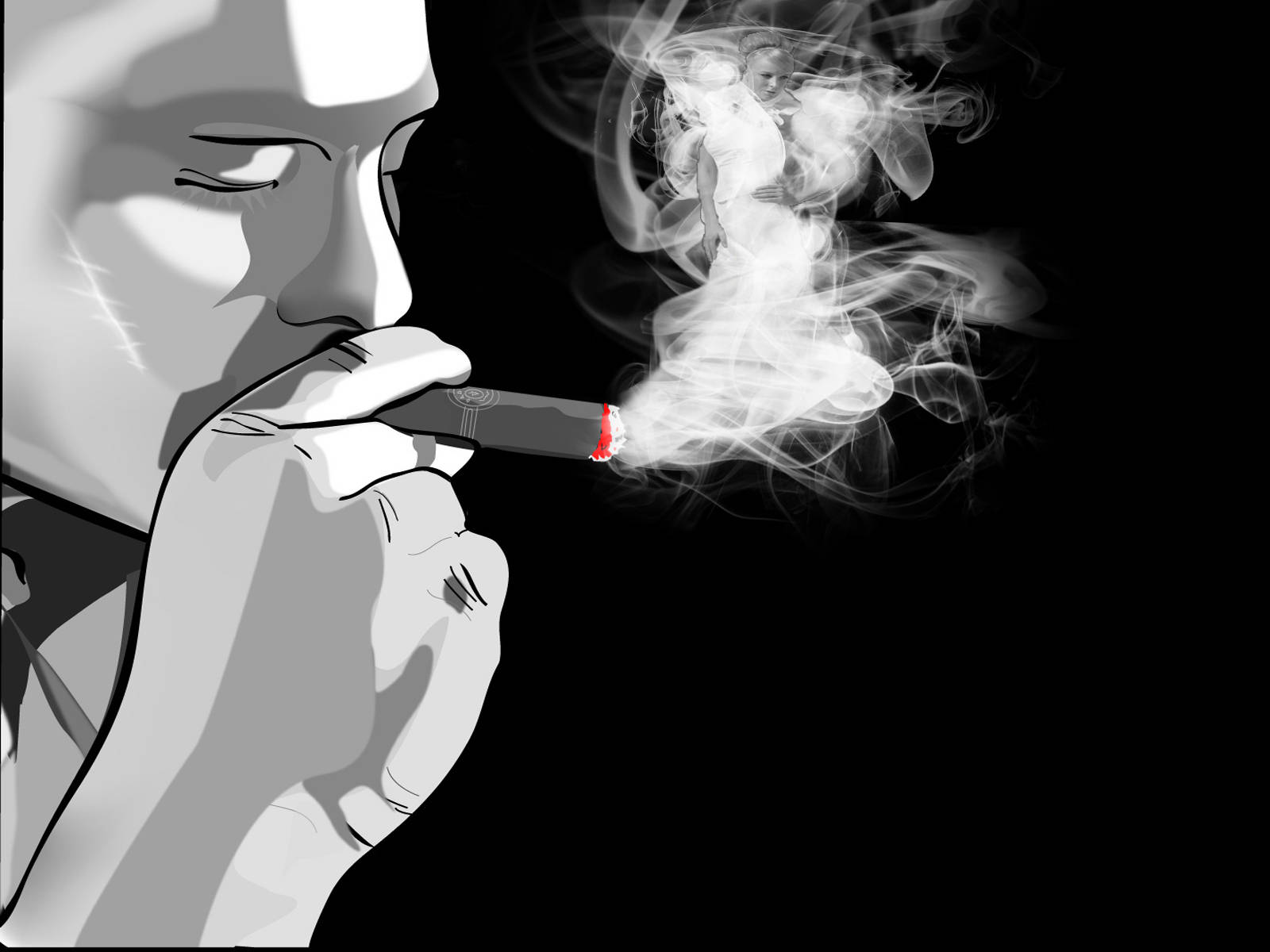 超棒的Photoshop吸煙照片 壁紙 — 一個風格化的黑白肖像，一個男人在黑色背景上呼出帶有紅色尖端的雪茄煙霧。