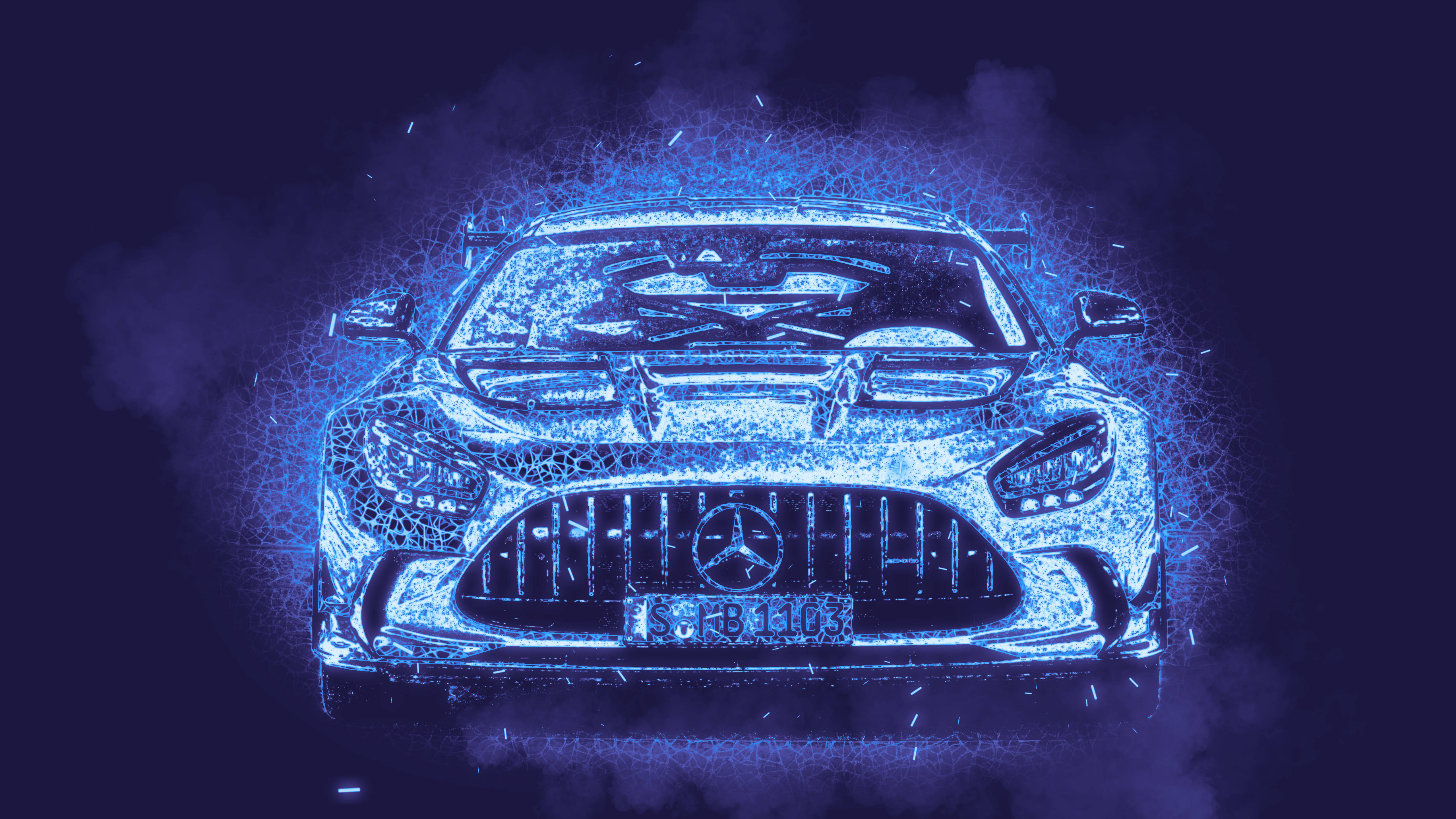超棒的Photoshop梅賽德斯-奔馳 壁紙 — 一輛發光的藍色 Mercedes-AMG GT 跑車，以電子數位藝術風格呈現，帶有噼啪作響的能量效果，背景為黑暗煙霧繚繞。