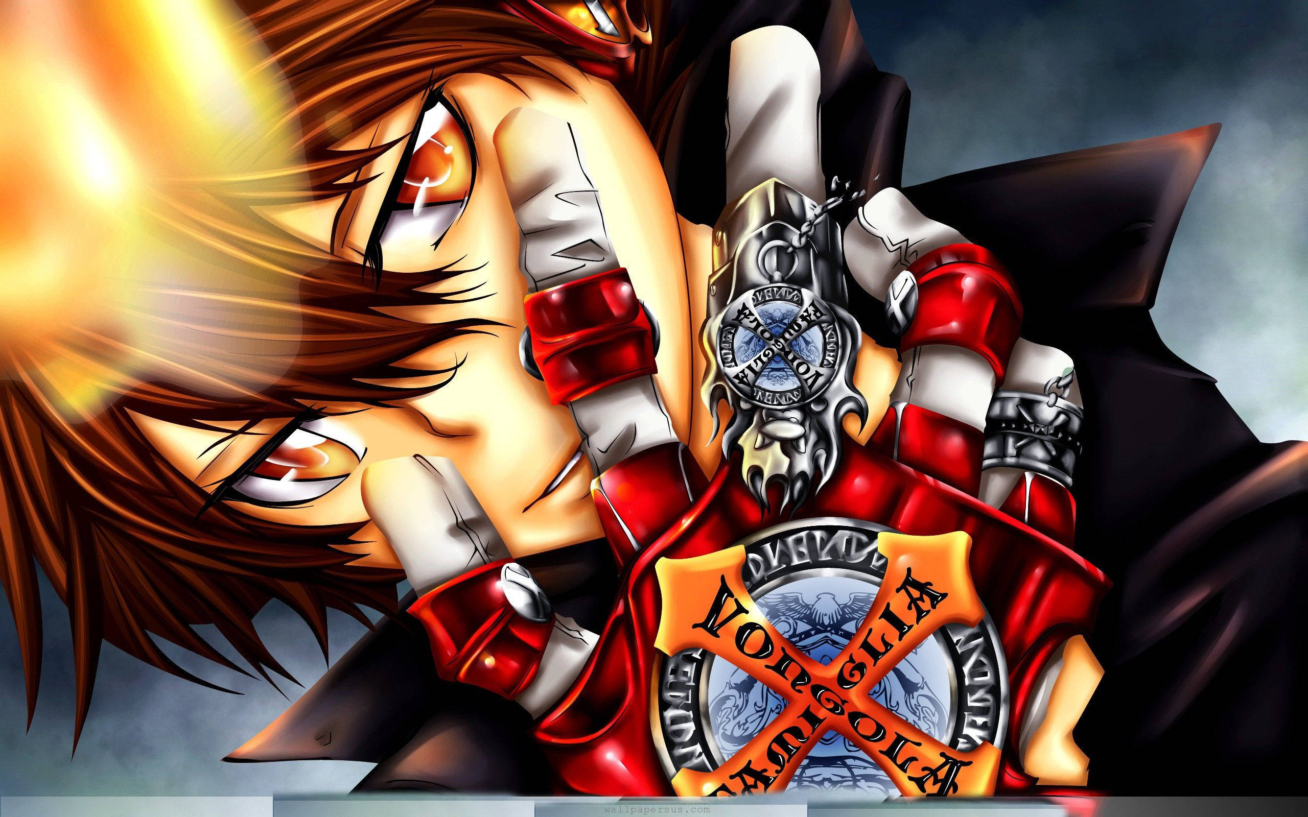超棒頭像 Tsunayoshi Sawada 壁紙 — 一個擁有火焰般頭髮和發光橙色眼睛的動漫角色，在煙霧繚繞的背景中緊握著一把華麗的劍和刻有「Vongola」的盾牌。