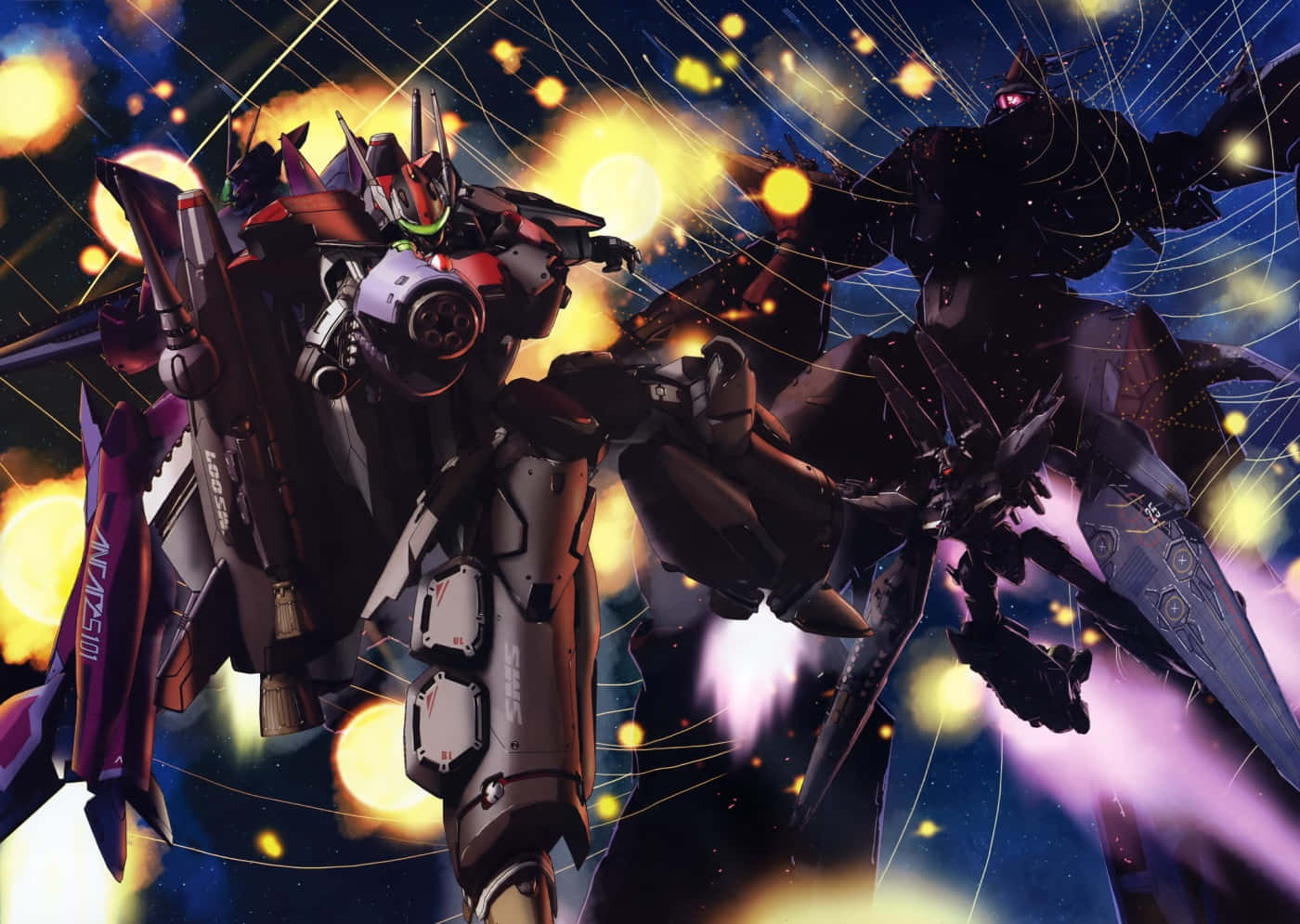 「超次元要塞Macross，人類精神的象徵」 壁紙 — 兩架巨型機甲在宇宙戰場上碰撞，伴隨著發光的爆炸和星空背景。