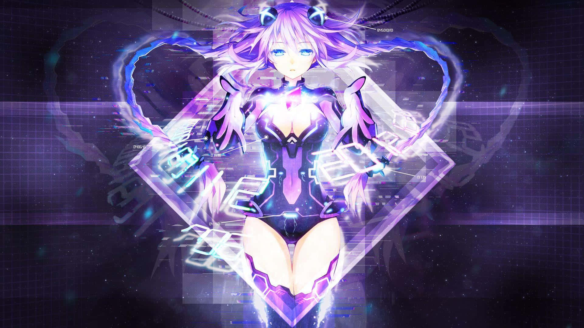在數位愛心全息圖中，穿著發光電子裝甲的動漫女孩。